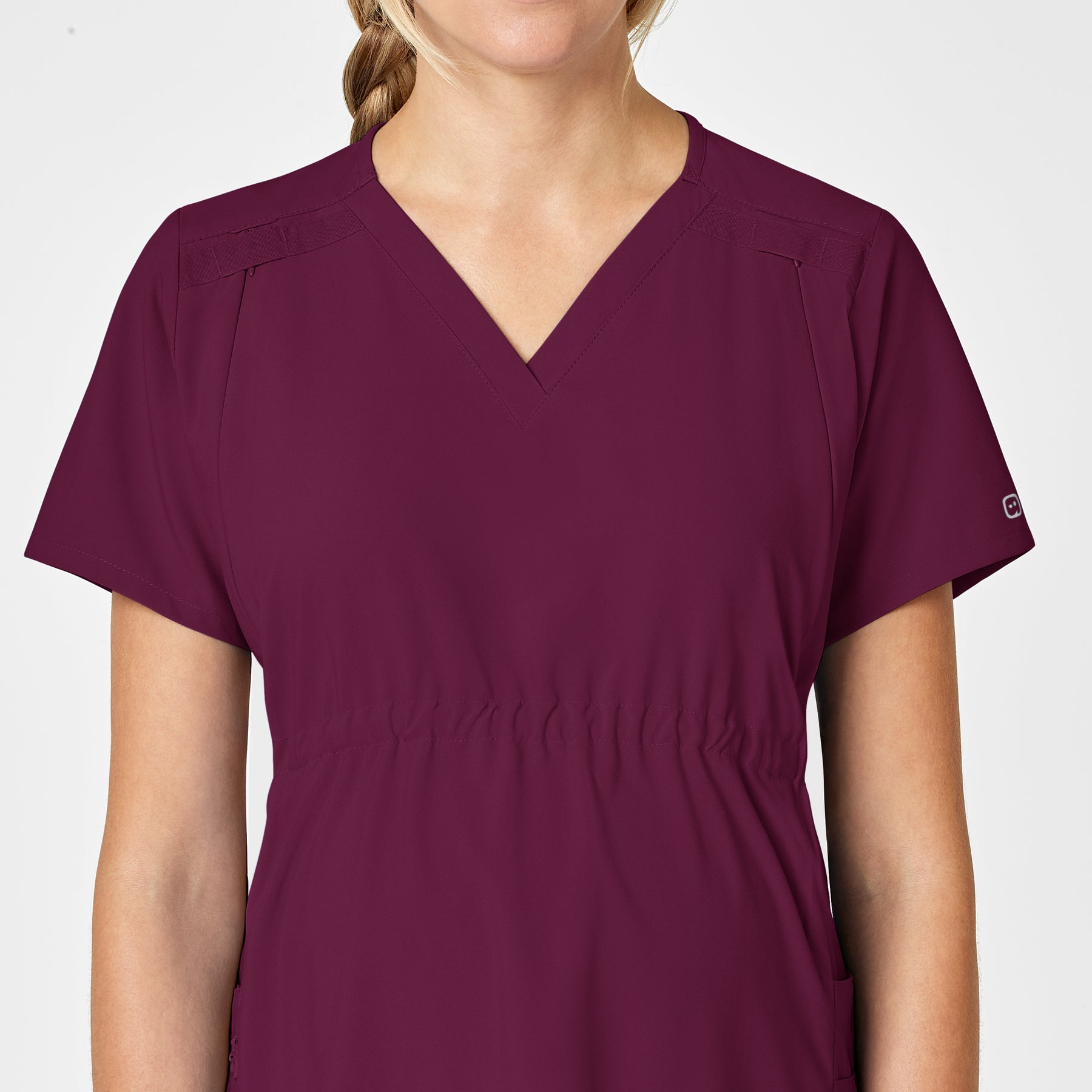 W123 Maternity V-Neck Scrub Top Wine hemline detail