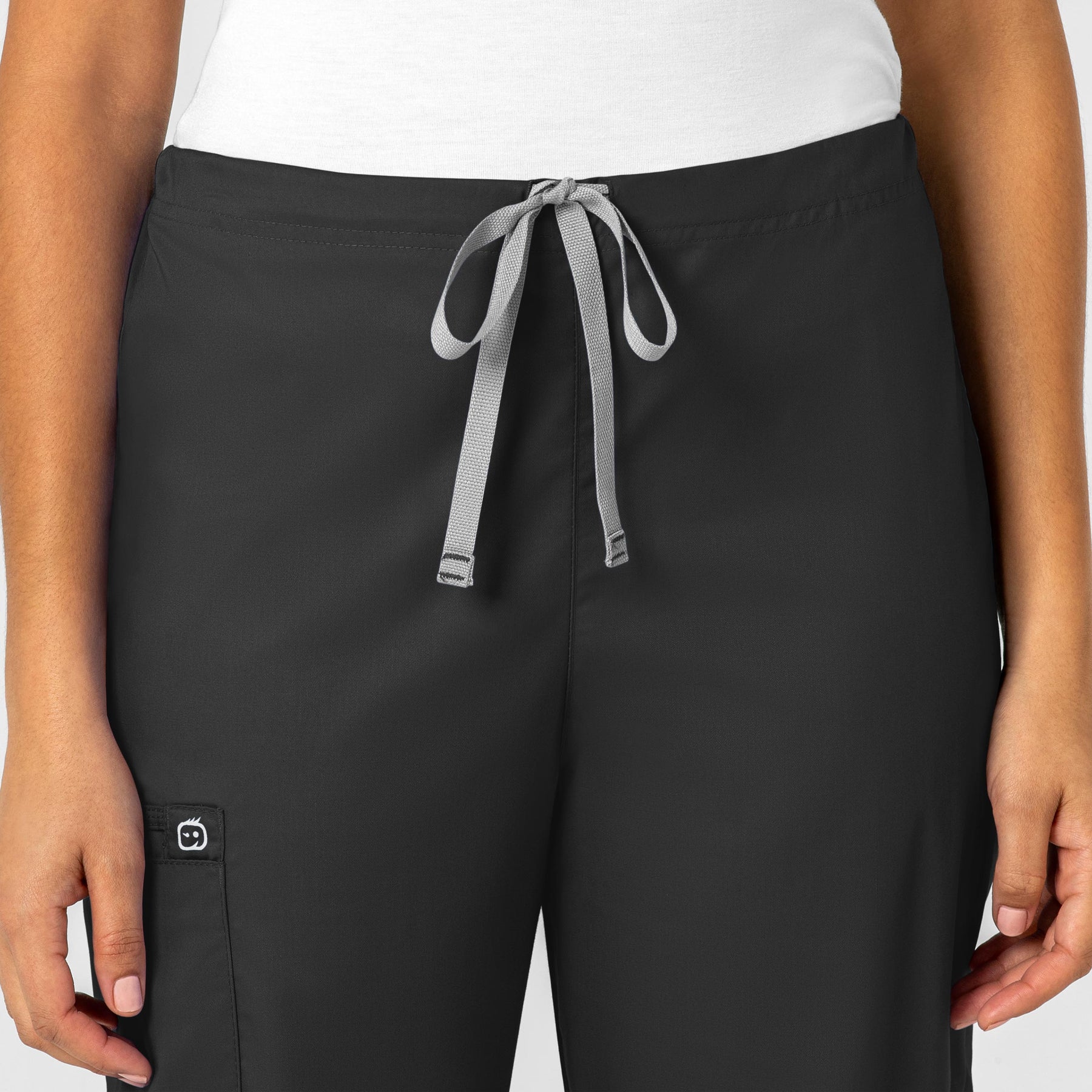 WonderWORK Unisex Drawstring Cargo Scrub Pant Black front detail