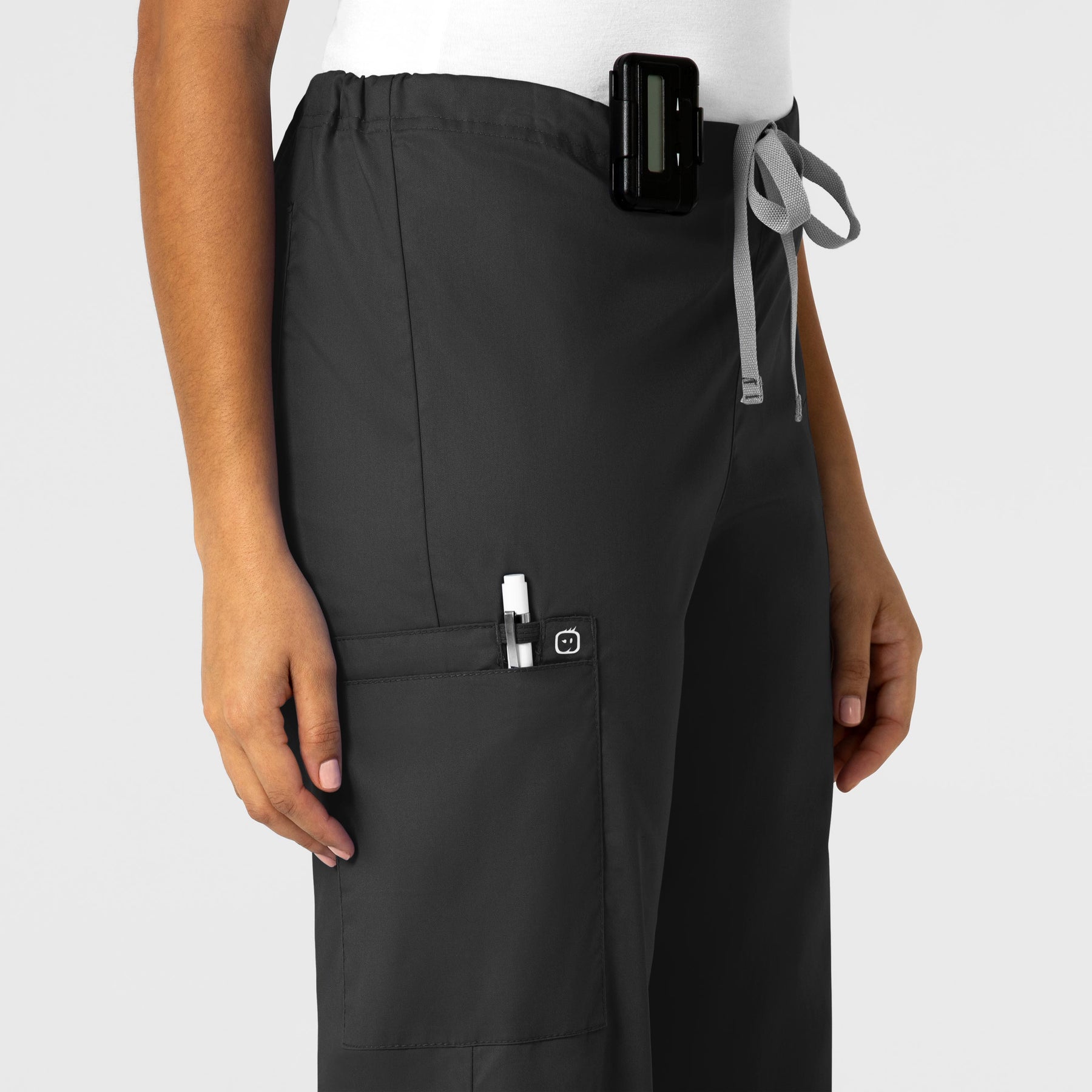 WonderWORK Unisex Drawstring Cargo Scrub Pant Black side detail 1