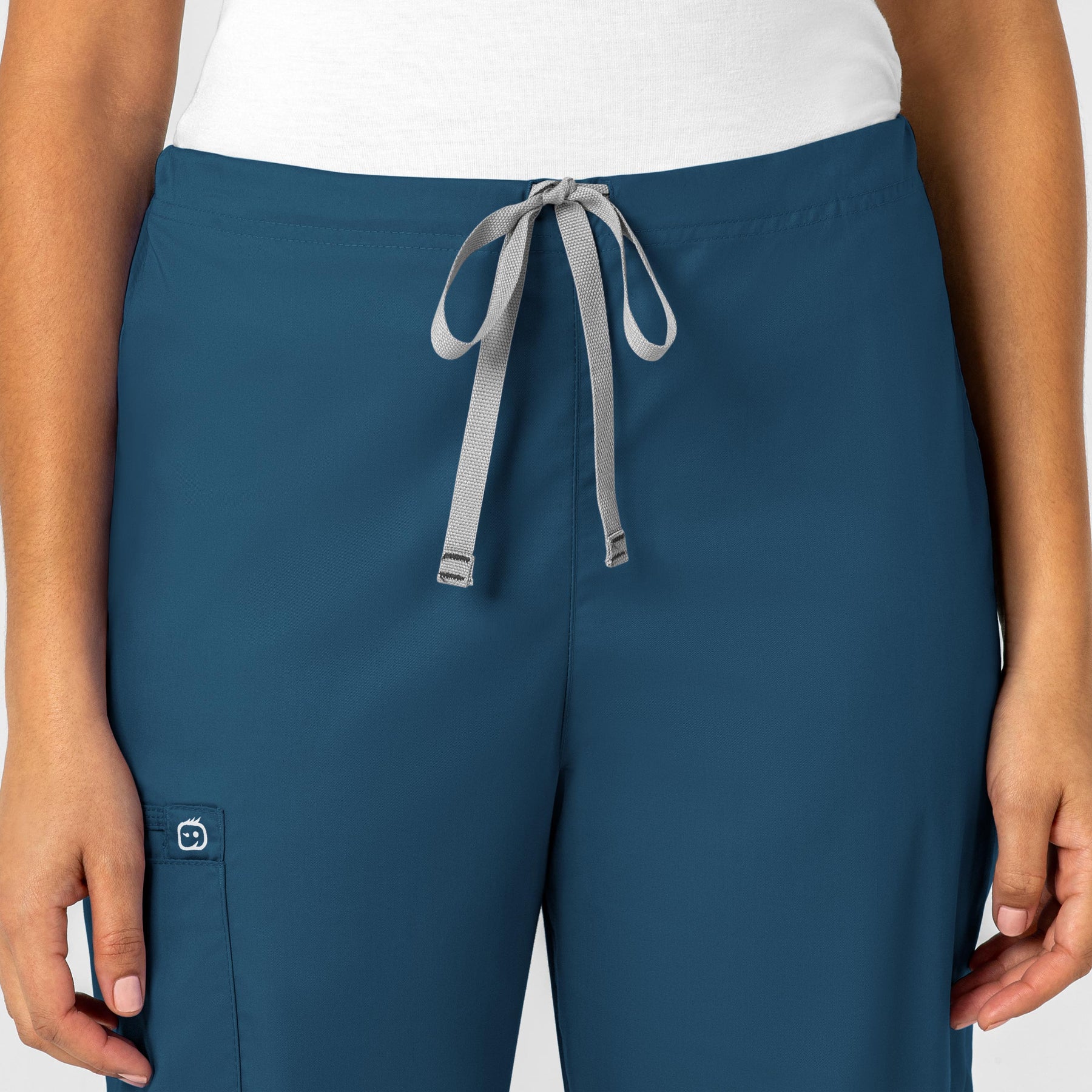 WonderWORK Unisex Drawstring Cargo Scrub Pant Caribbean Blue front detail
