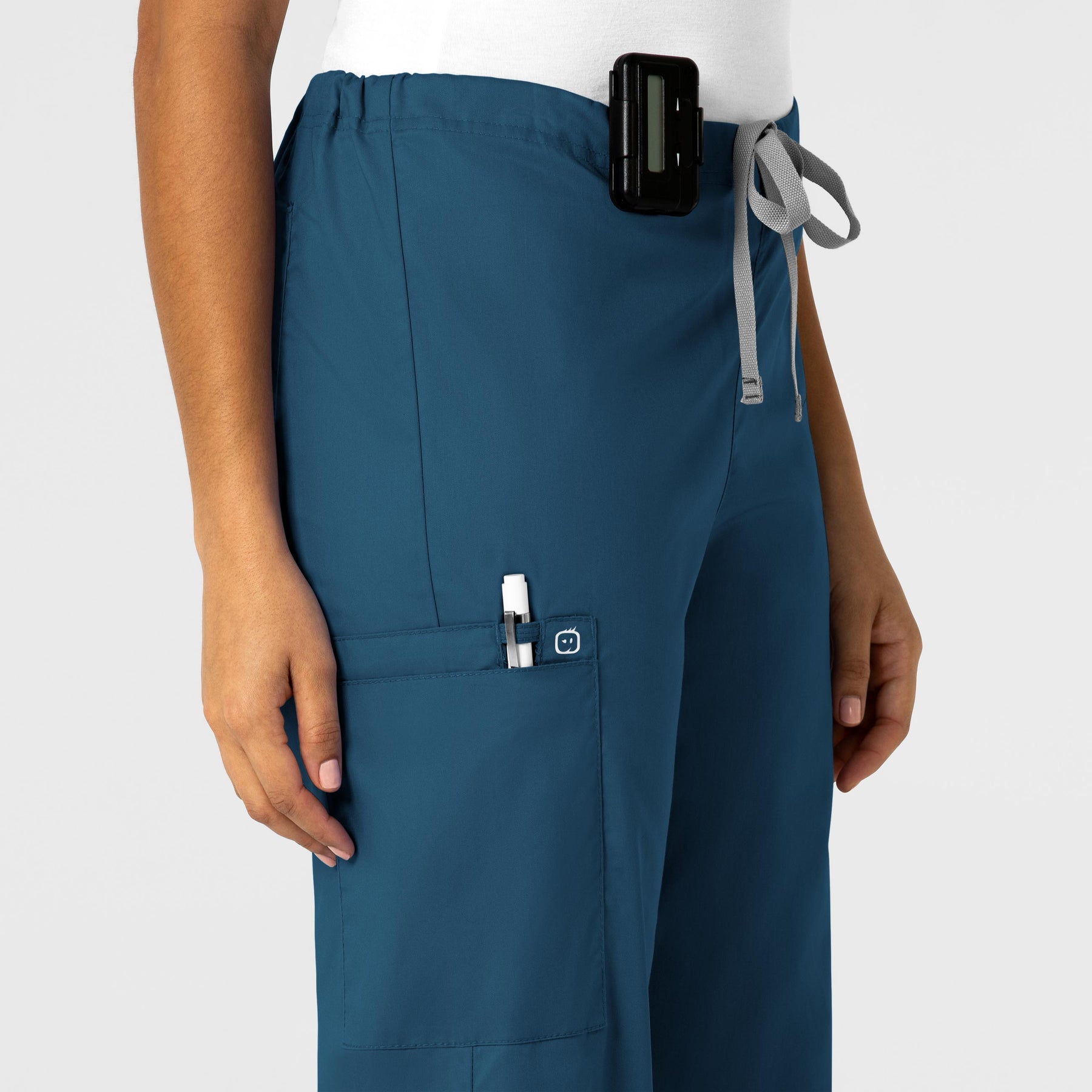 WonderWORK Unisex Drawstring Cargo Scrub Pant Caribbean Blue side detail 1