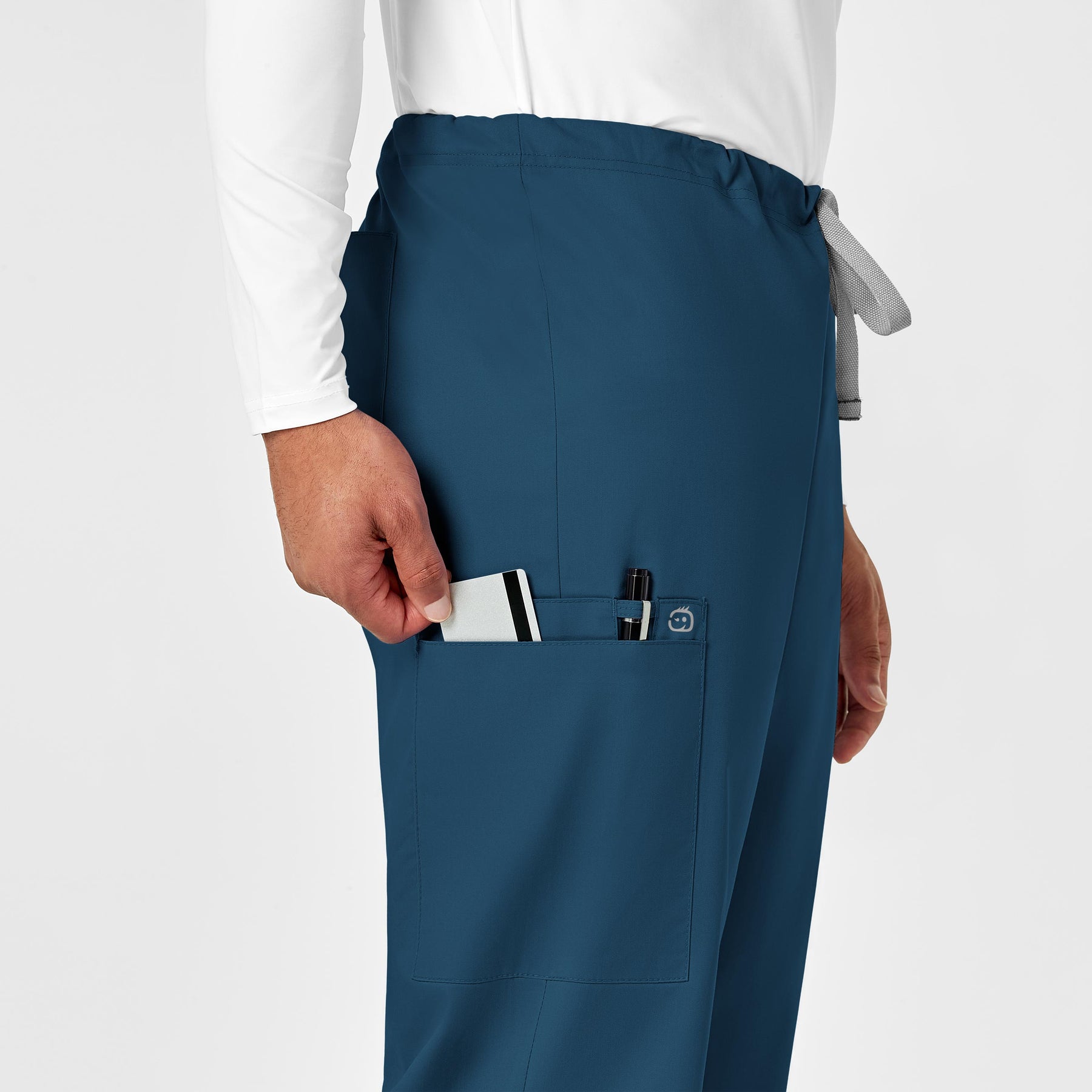 WonderWORK Unisex Drawstring Cargo Scrub Pant Caribbean Blue hemline detail