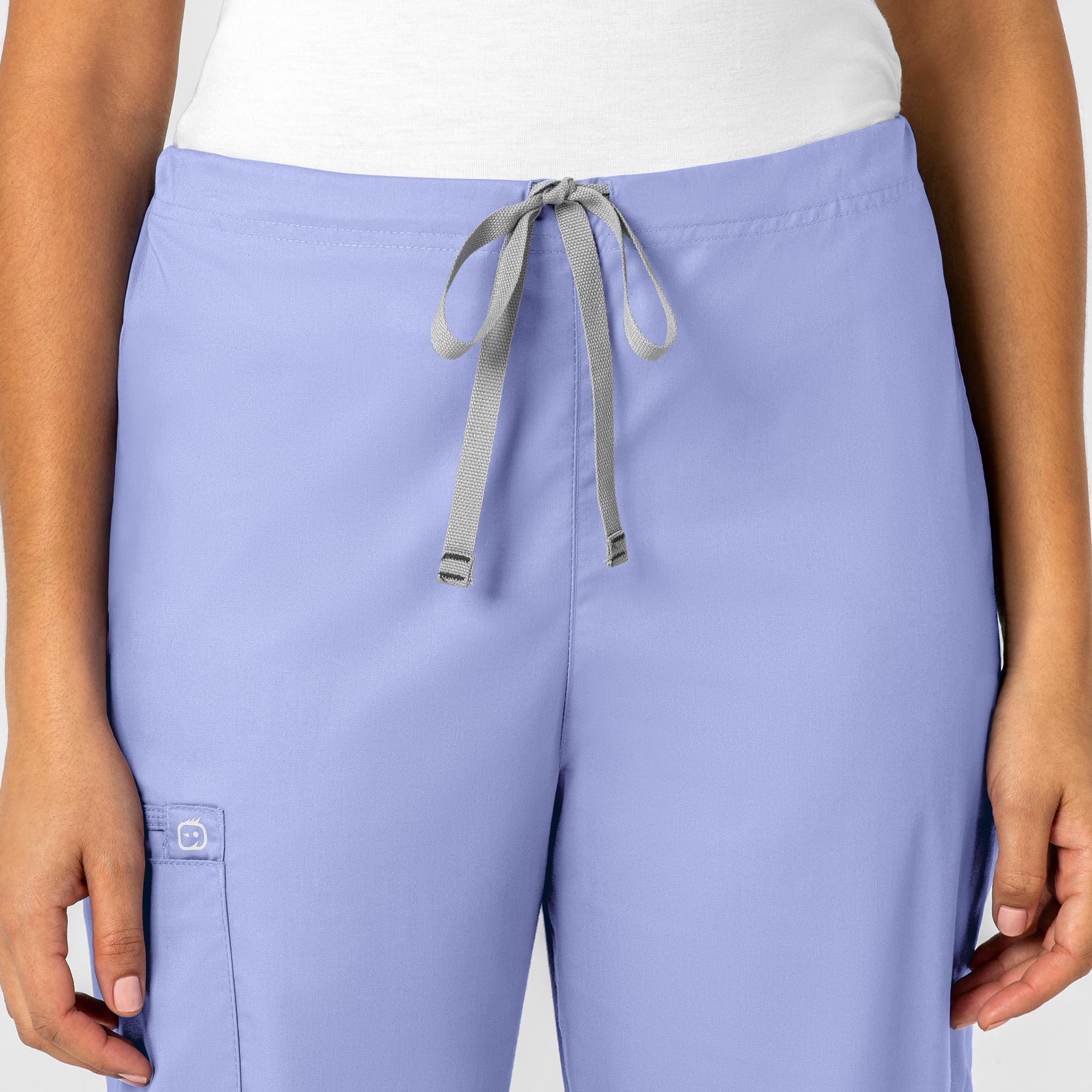 WonderWORK Unisex Drawstring Cargo Scrub Pant Ceil Blue front detail