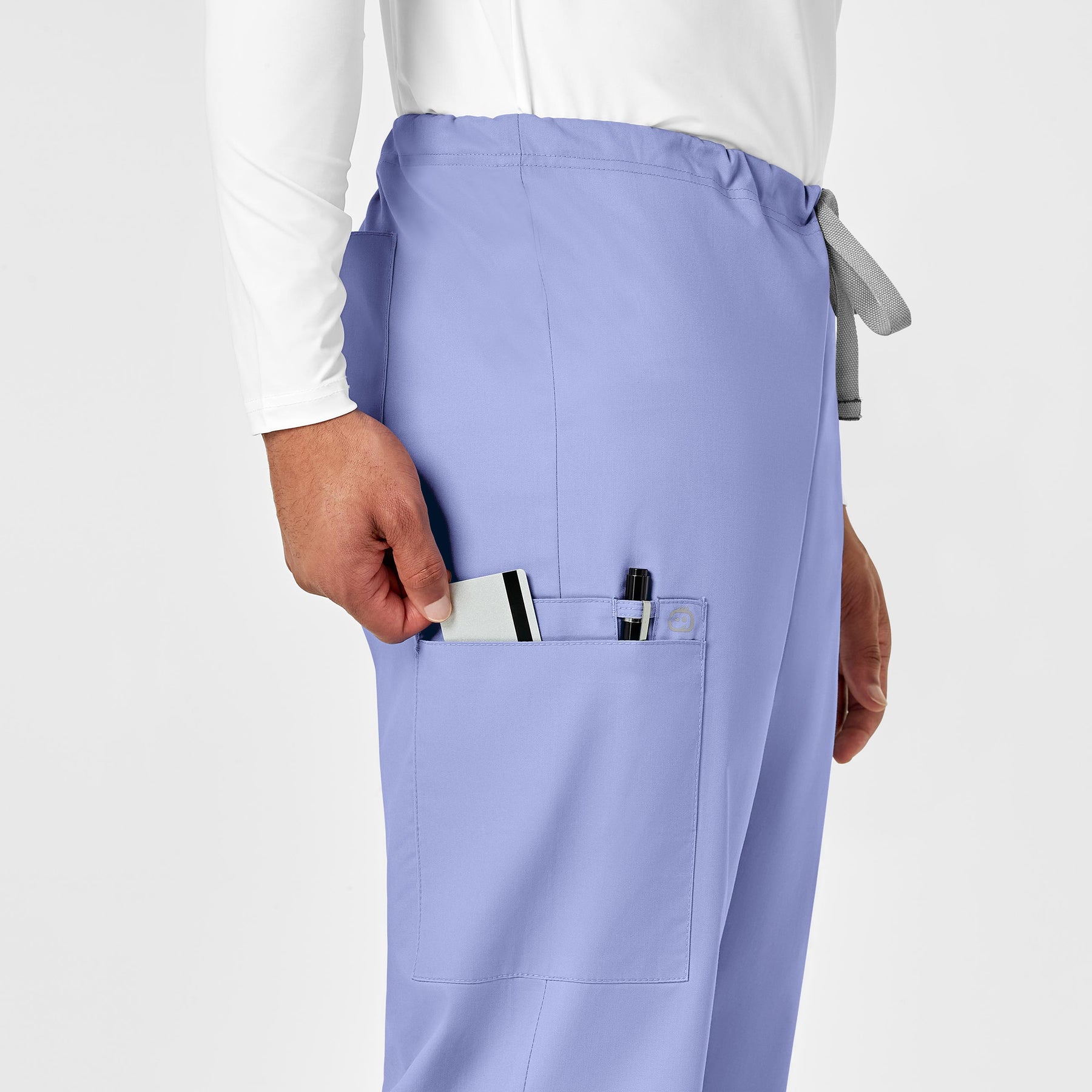 WonderWORK Unisex Drawstring Cargo Scrub Pant Ceil Blue hemline detail