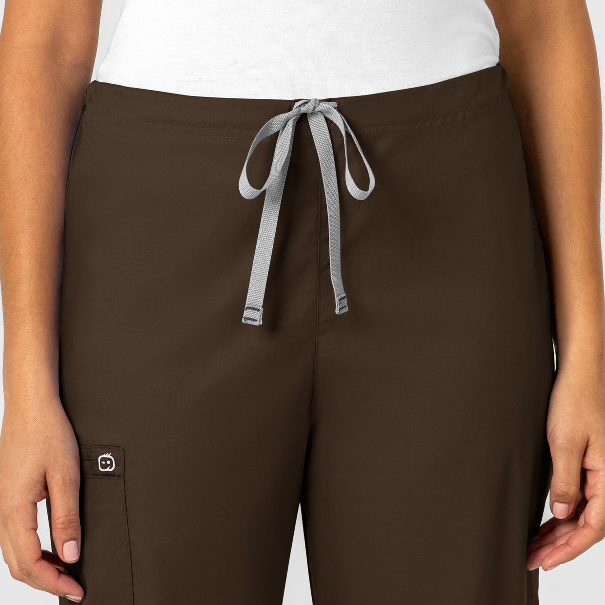 WonderWORK Unisex Drawstring Cargo Scrub Pant Chocolate front detail