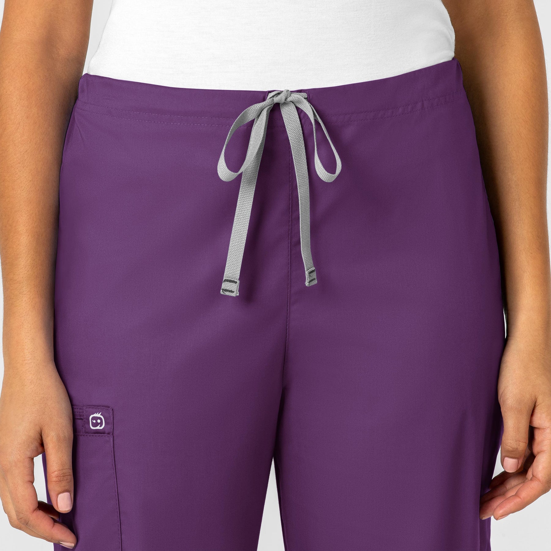 WonderWORK Unisex Drawstring Cargo Scrub Pant Eggplant front detail