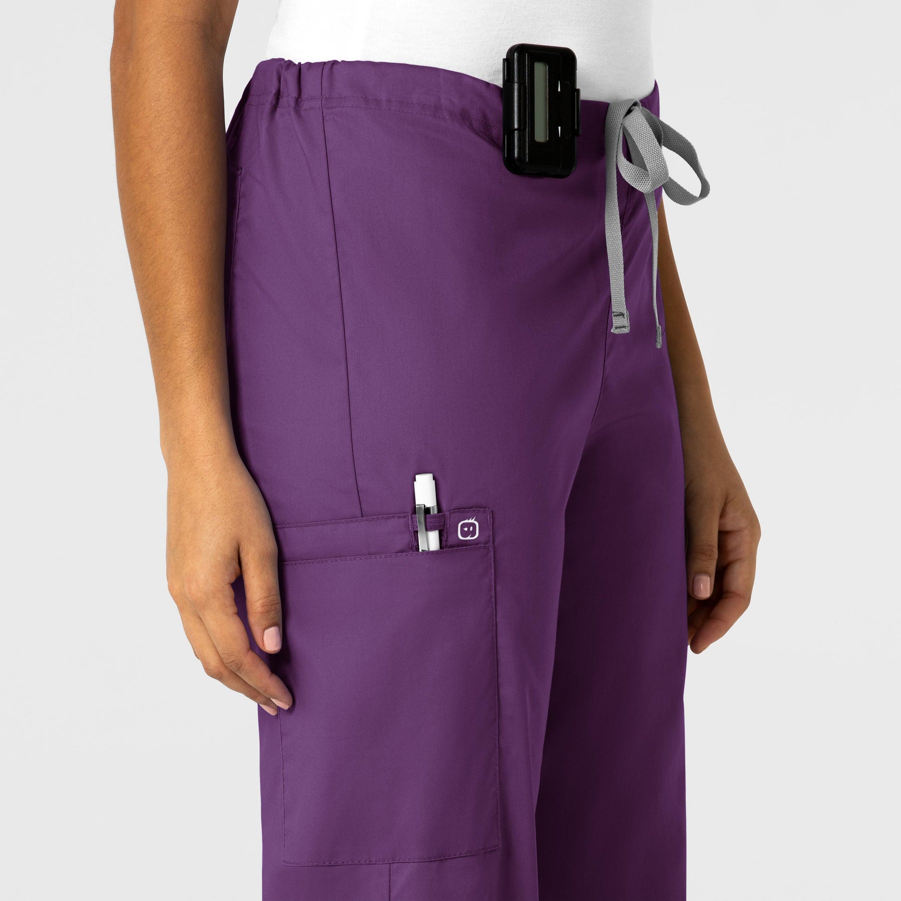 WonderWORK Unisex Drawstring Cargo Scrub Pant Eggplant side detail 1