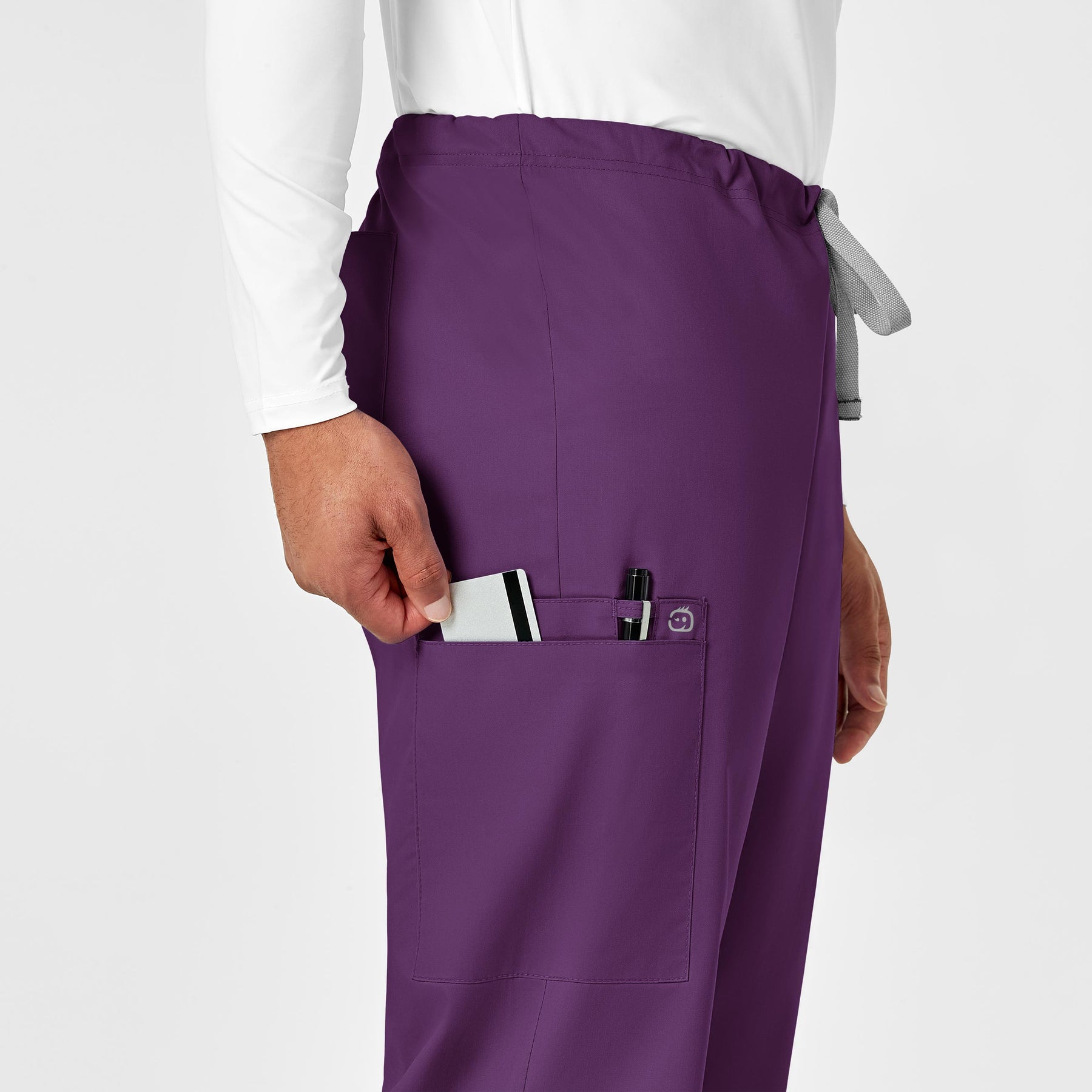 WonderWORK Unisex Drawstring Cargo Scrub Pant Eggplant hemline detail