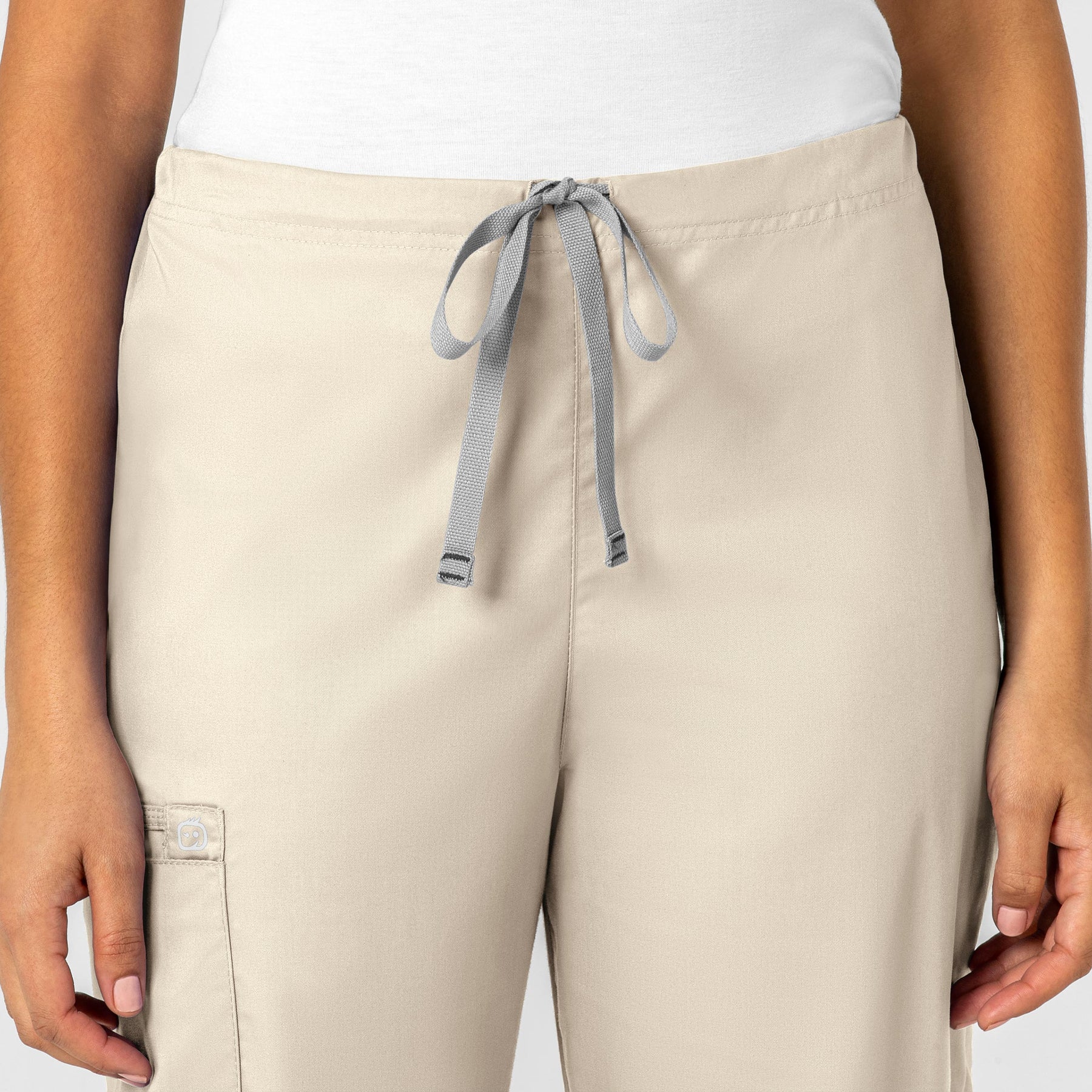 WonderWORK Unisex Drawstring Cargo Scrub Pant Khaki front detail