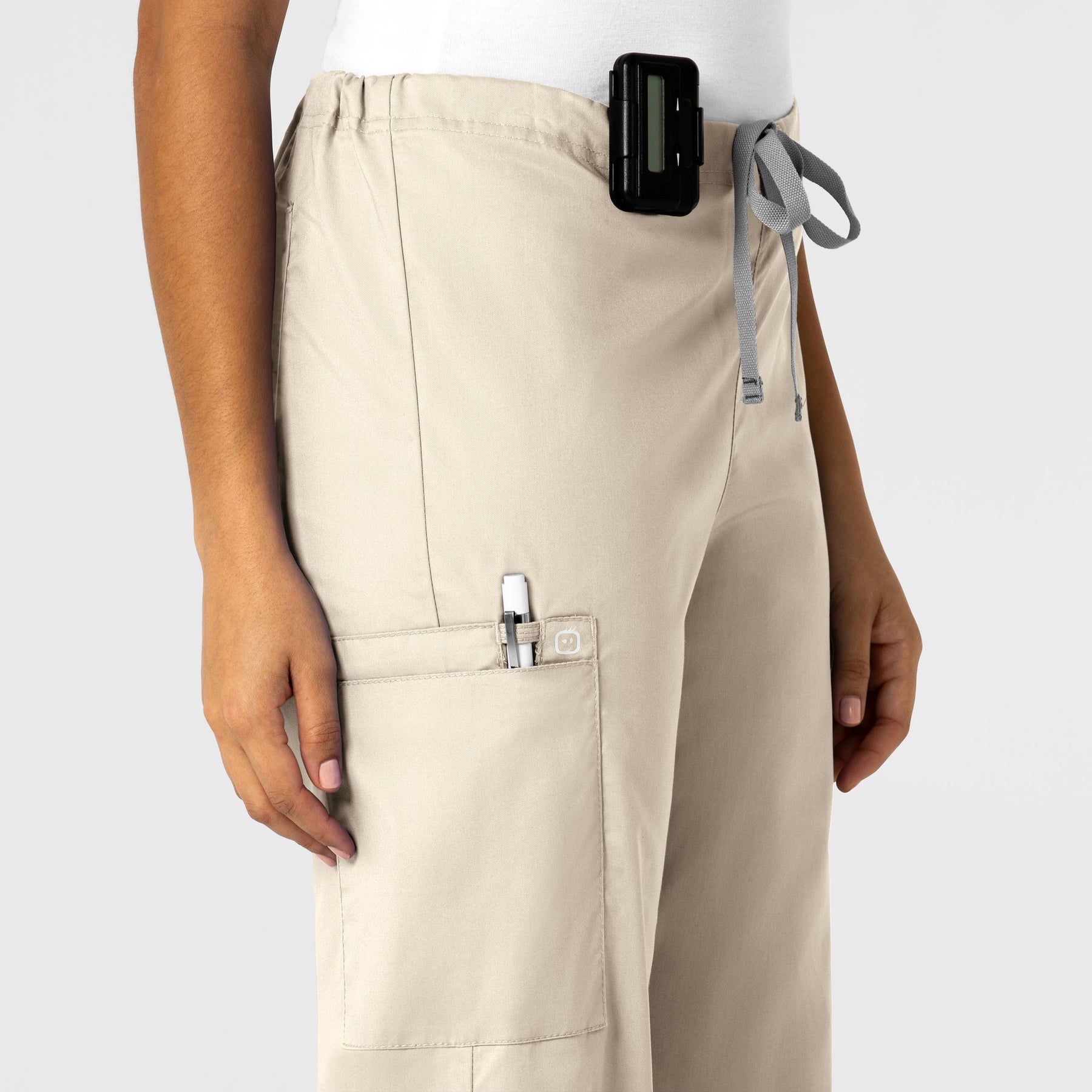 WonderWORK Unisex Drawstring Cargo Scrub Pant Khaki side detail 1