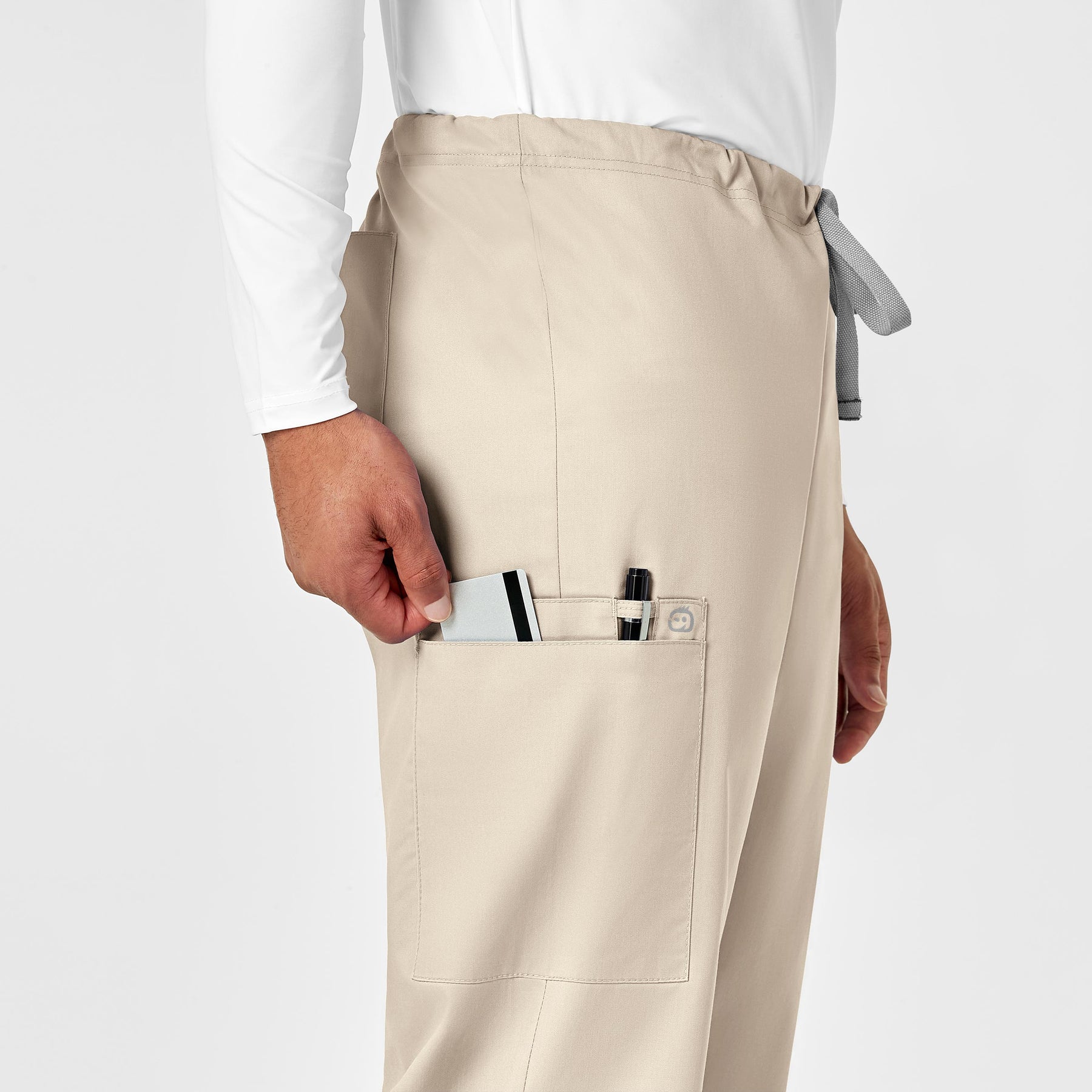 WonderWORK Unisex Drawstring Cargo Scrub Pant Khaki hemline detail