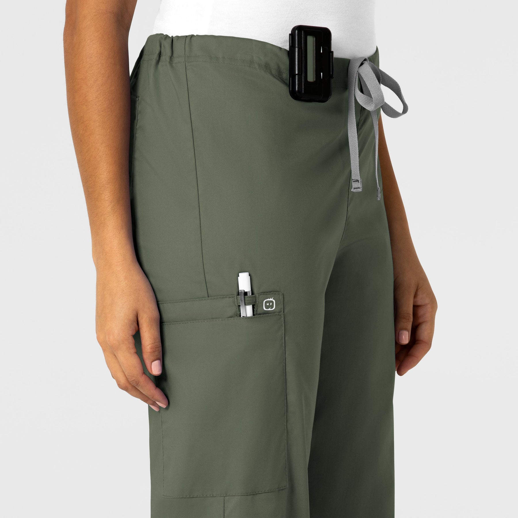 WonderWORK Unisex Drawstring Cargo Scrub Pant Olive side detail 1