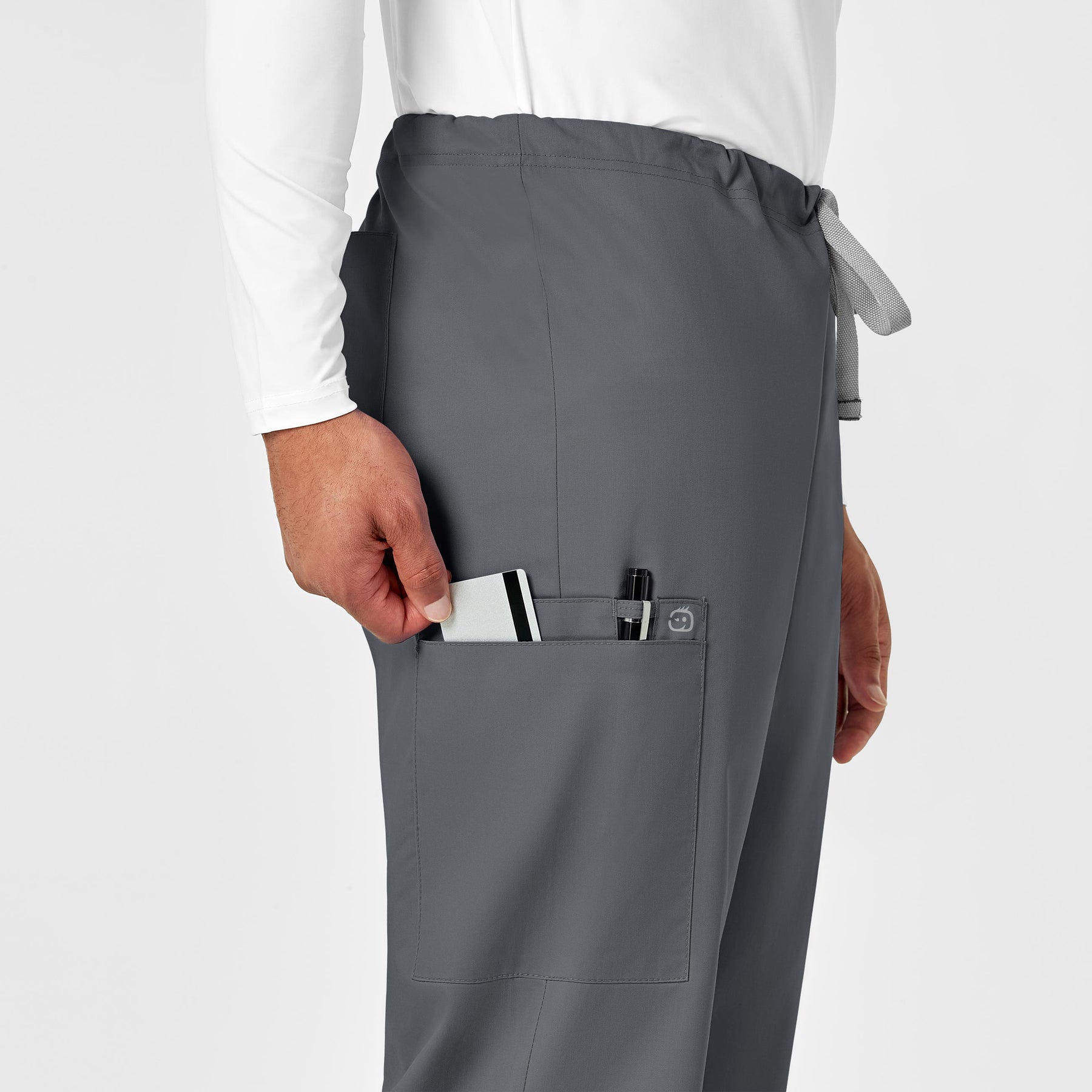 WonderWORK Unisex Drawstring Cargo Scrub Pant Pewter hemline detail