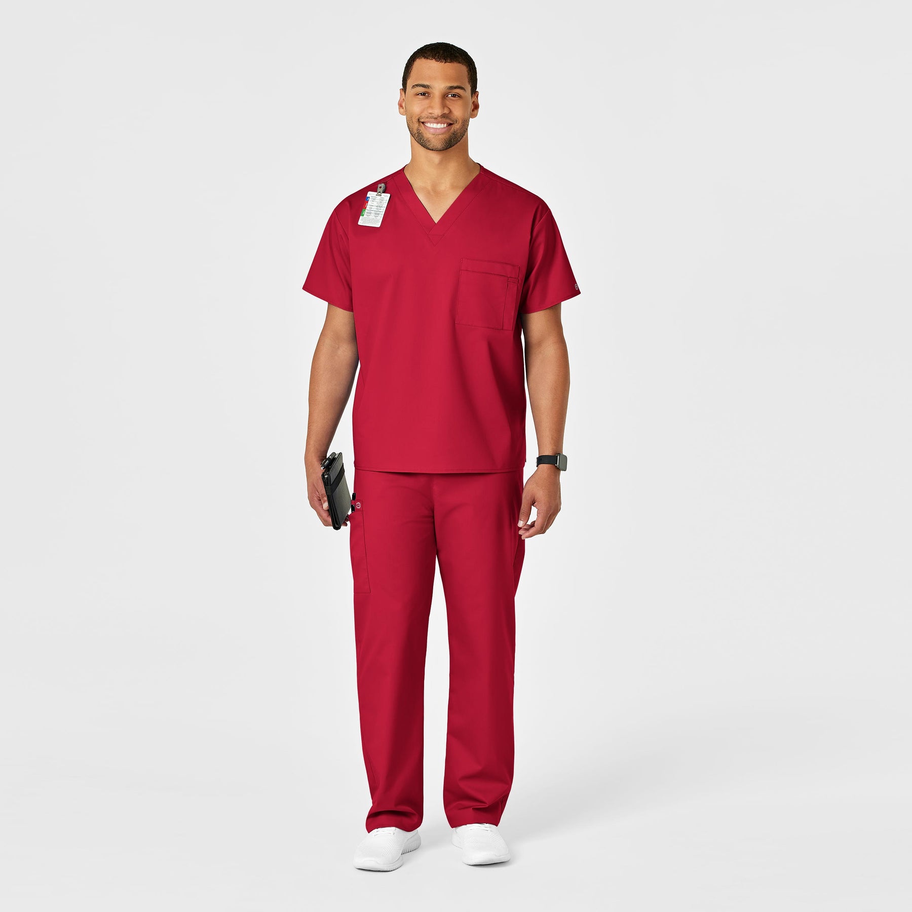 WonderWORK Unisex Drawstring Cargo Scrub Pant Red full scrub set