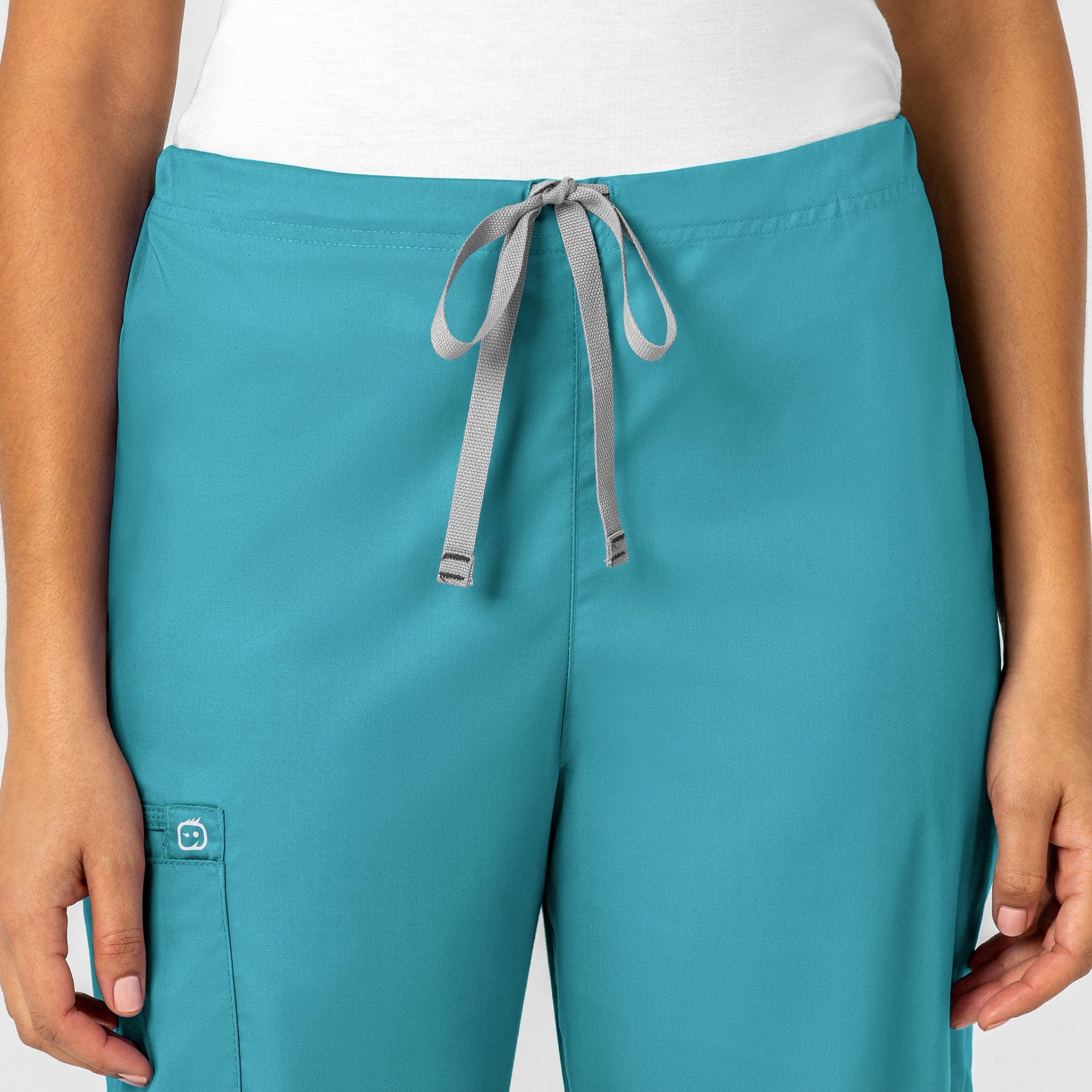 WonderWORK Unisex Drawstring Cargo Scrub Pant Teal Blue front detail