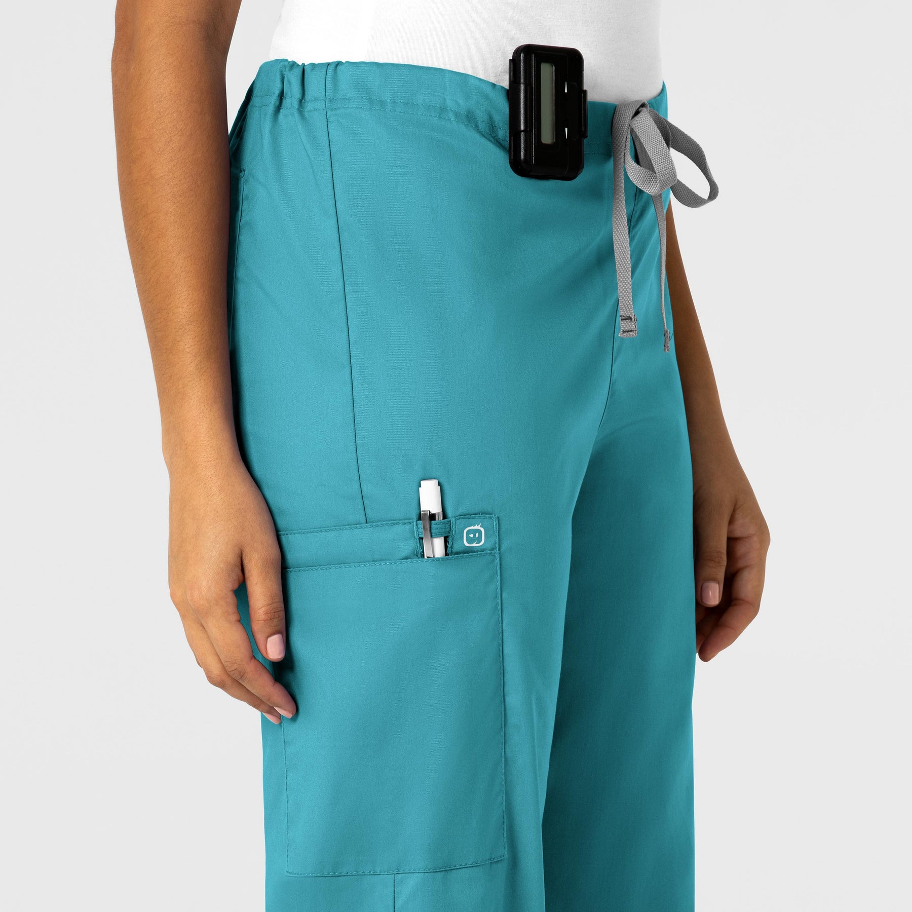 WonderWORK Unisex Drawstring Cargo Scrub Pant Teal Blue side detail 1