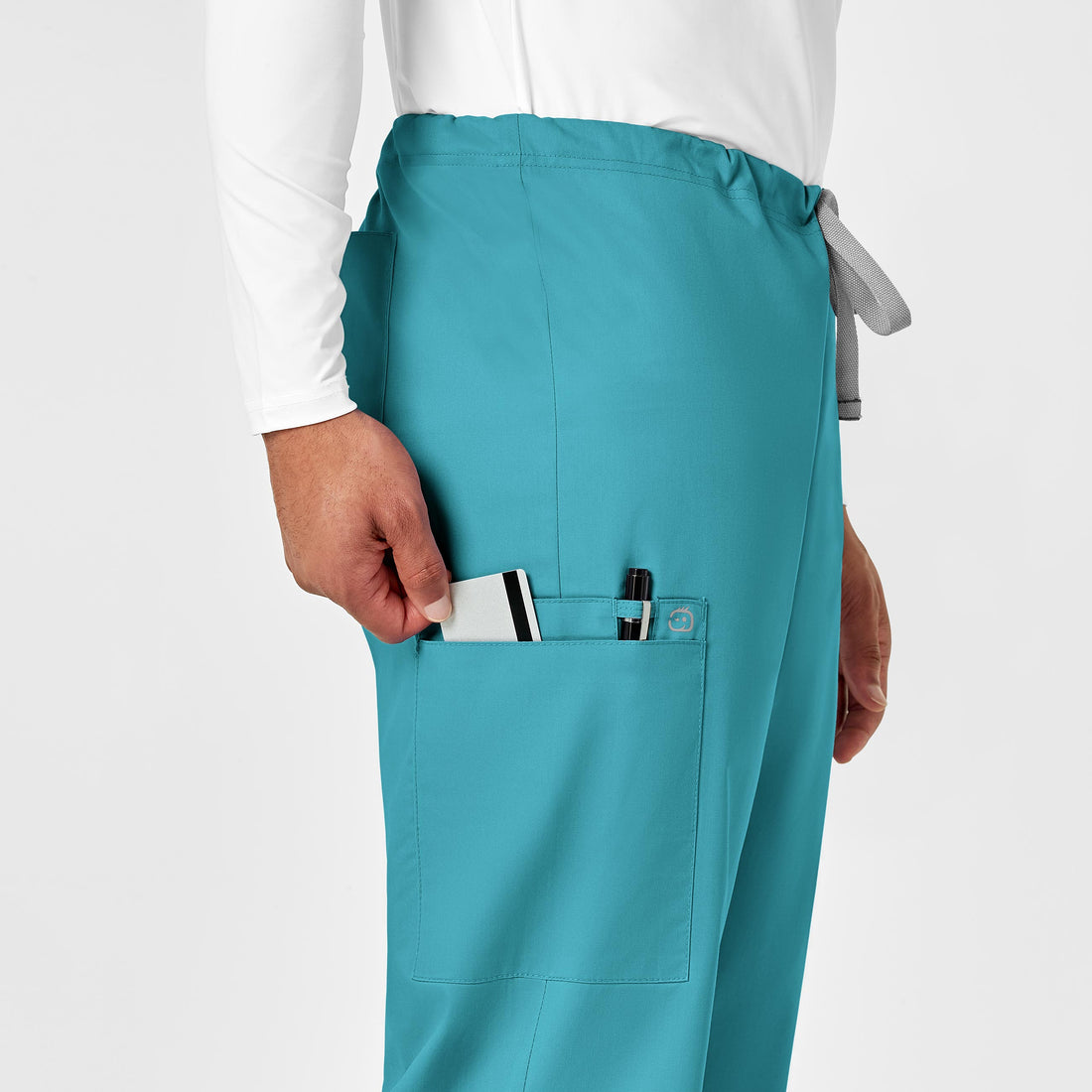 WonderWORK Unisex Drawstring Cargo Scrub Pant Teal Blue hemline detail