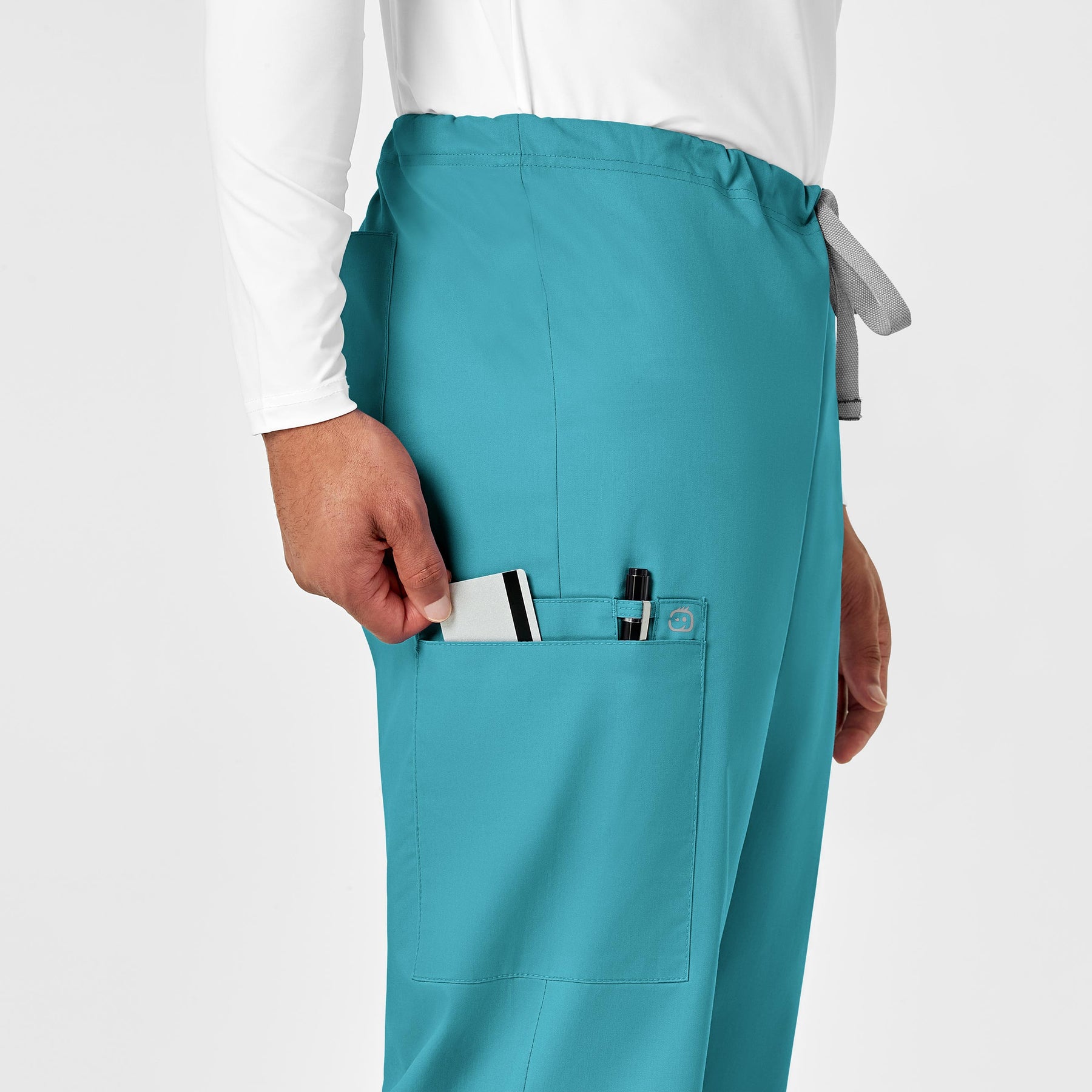 WonderWORK Unisex Drawstring Cargo Scrub Pant Teal Blue hemline detail