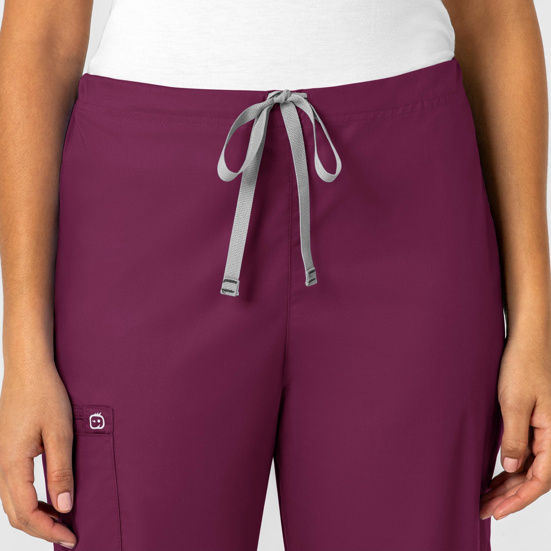 WonderWORK Unisex Drawstring Cargo Scrub Pant Wine front detail