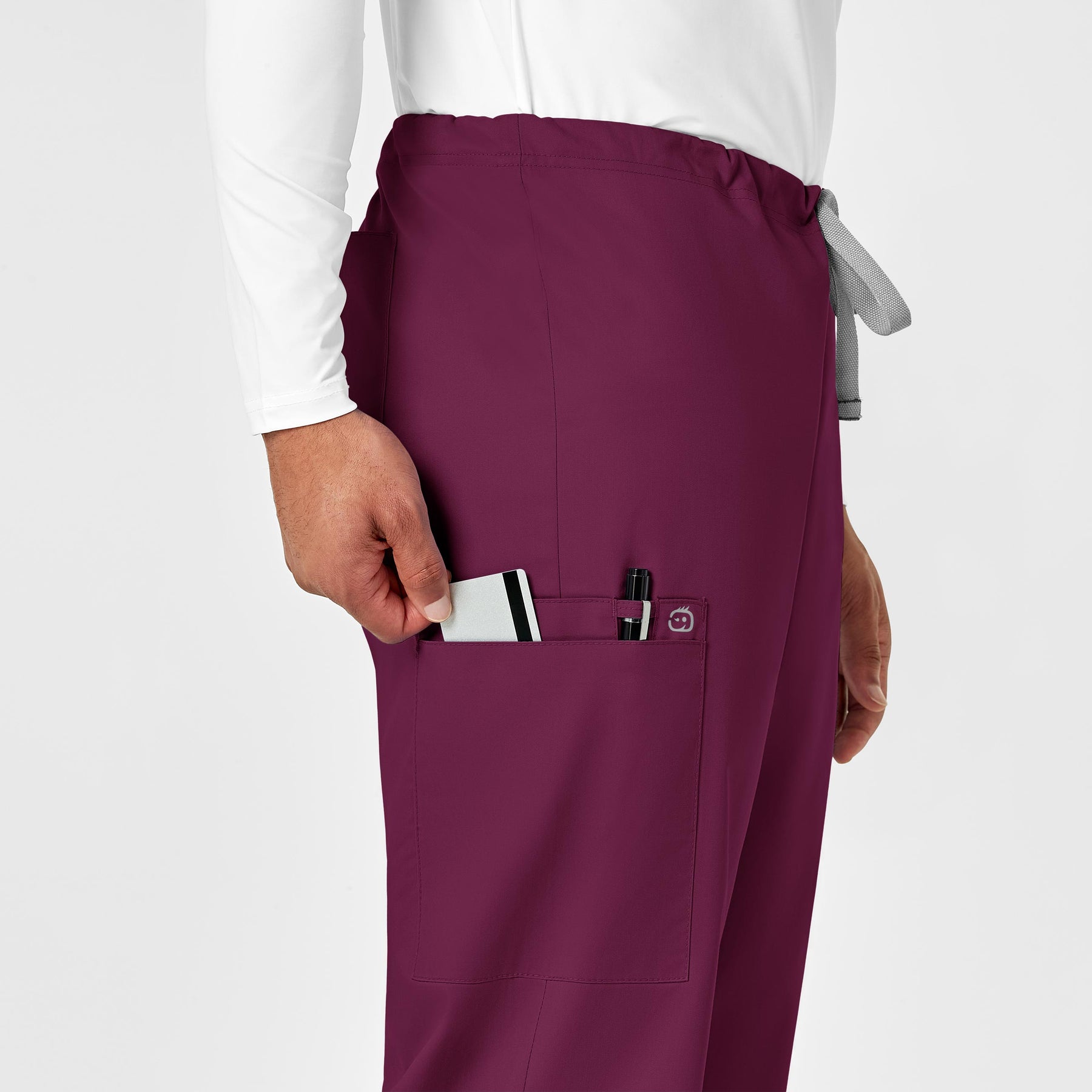 WonderWORK Unisex Drawstring Cargo Scrub Pant Wine hemline detail