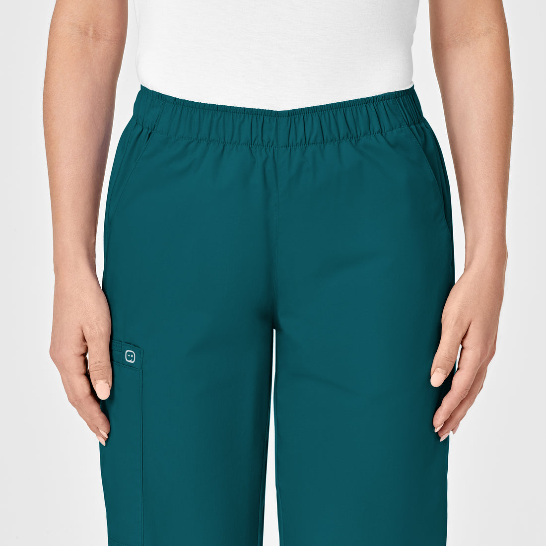 WonderWORK Women's Pull-On Cargo Scrub Pant Caribbean Blue front detail