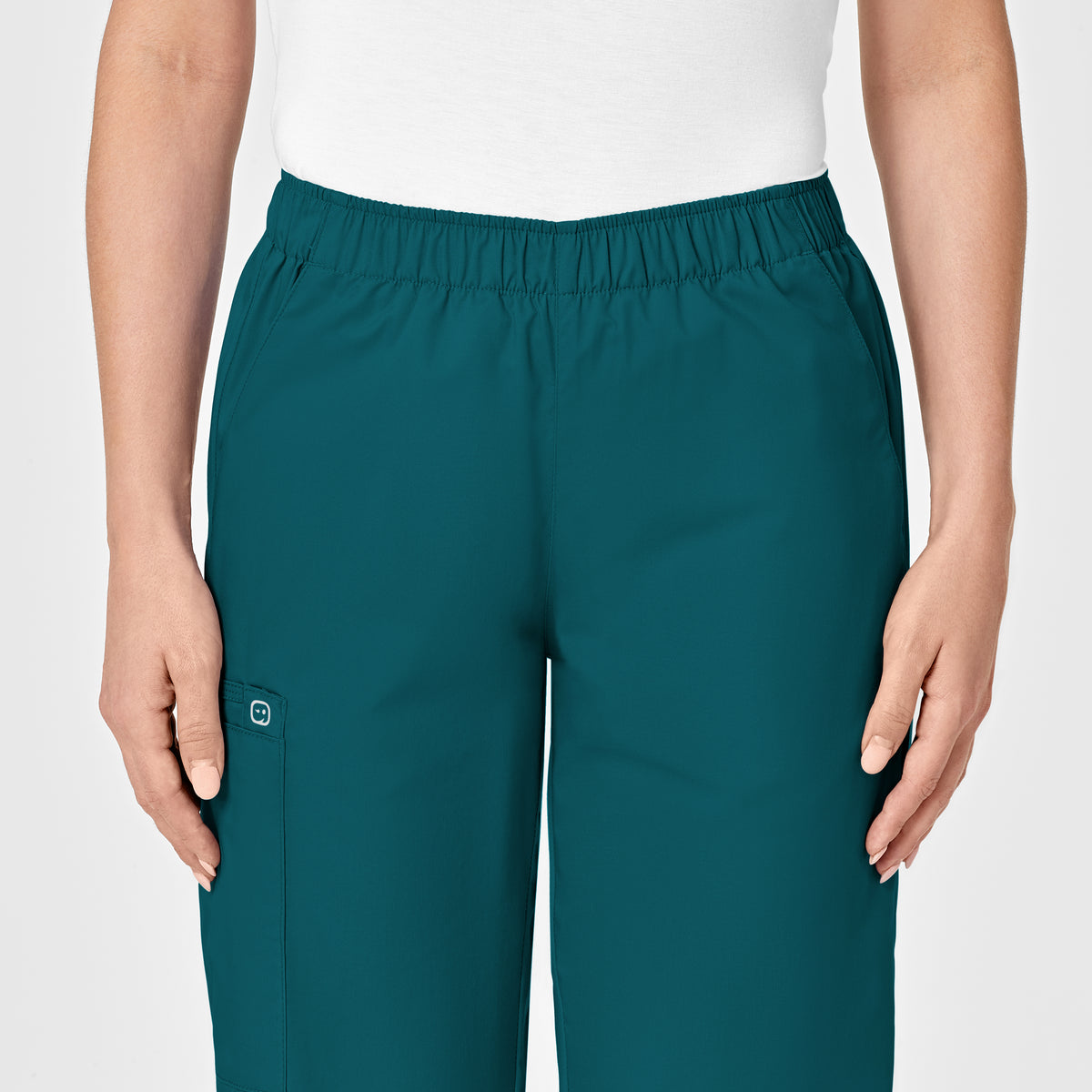 WonderWORK Women's Pull-On Cargo Scrub Pant Caribbean Blue front detail