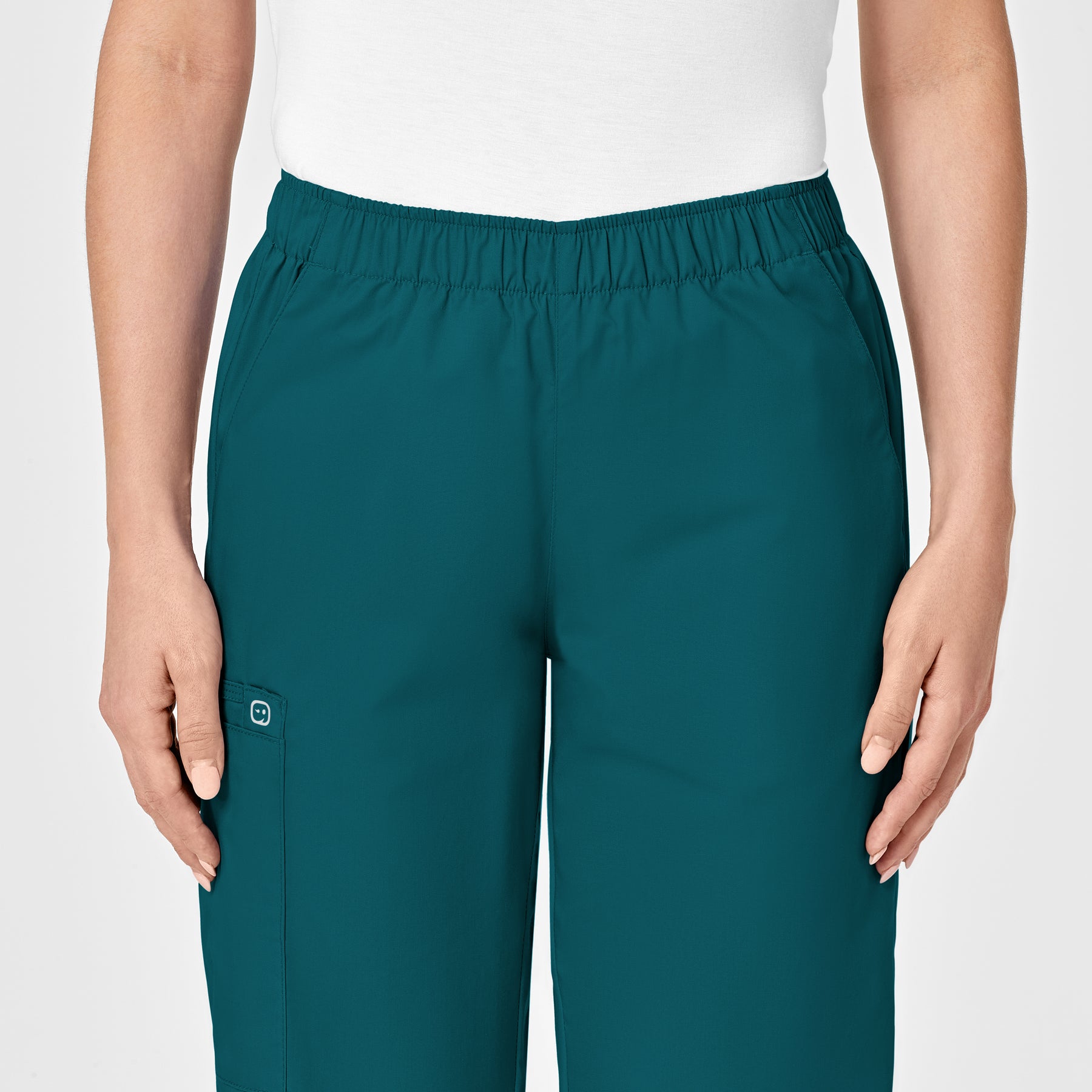 WonderWORK Women's Pull-On Cargo Scrub Pant Caribbean Blue front detail