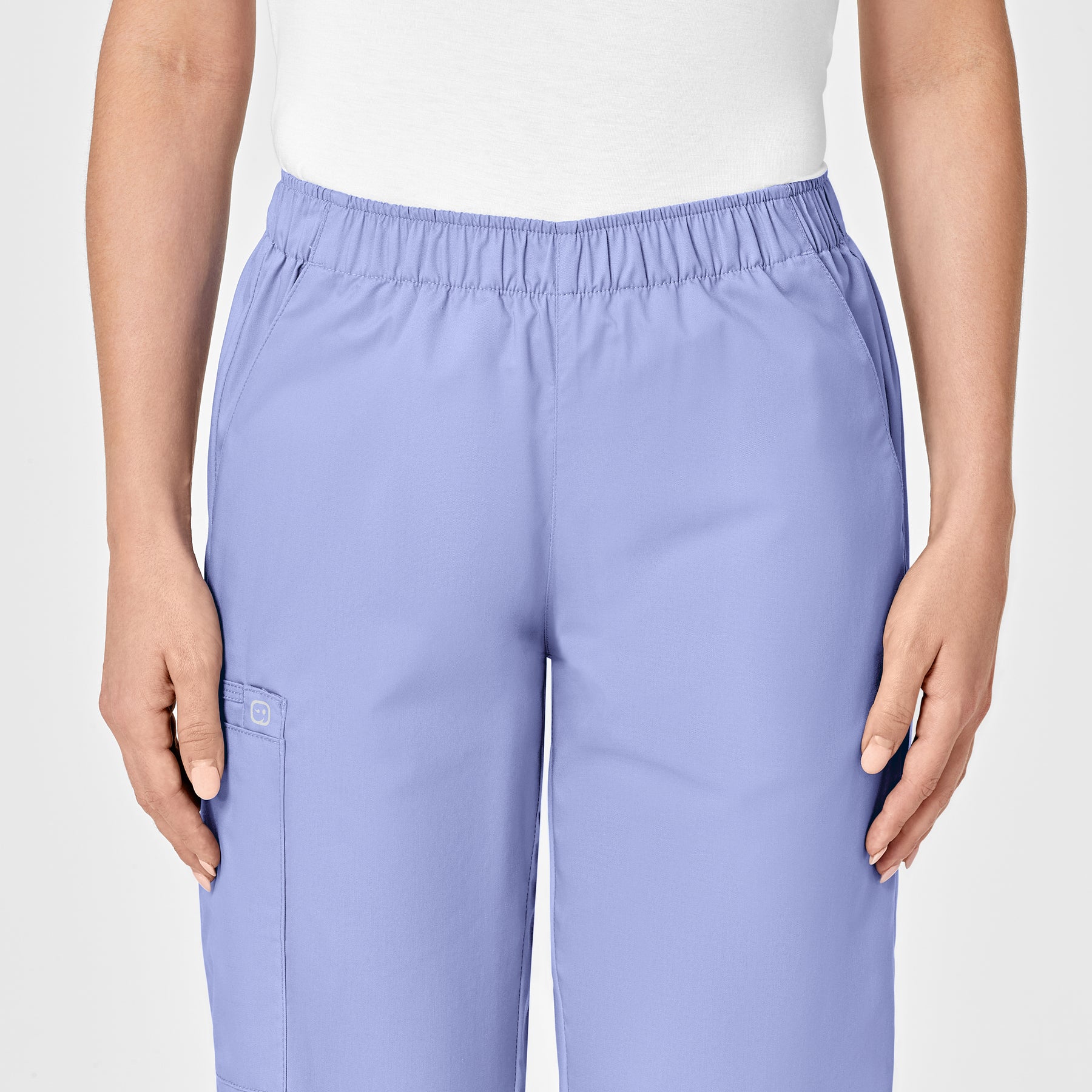 WonderWORK Women's Pull-On Cargo Scrub Pant Ceil Blue front detail