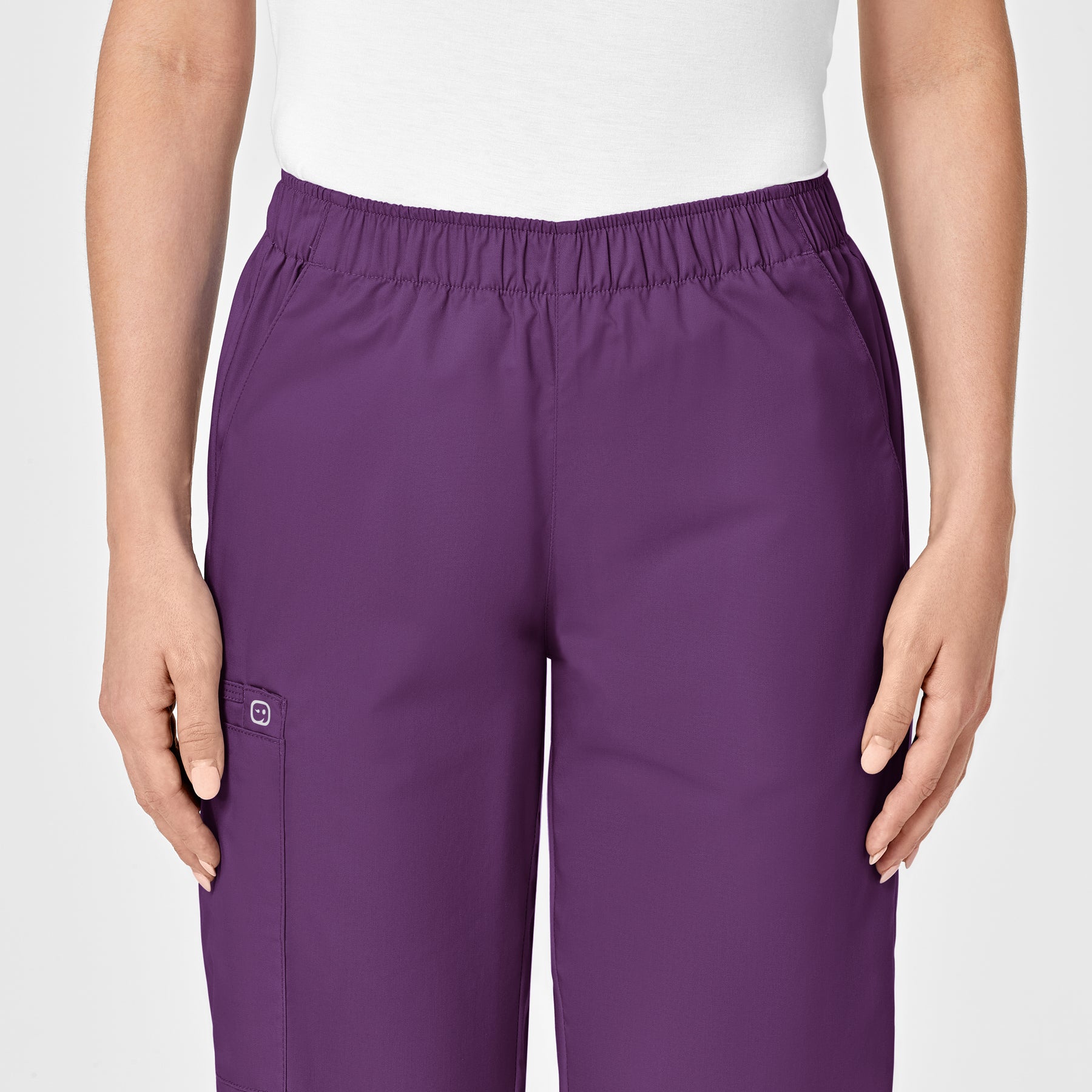 WonderWORK Women's Pull-On Cargo Scrub Pant Eggplant front detail