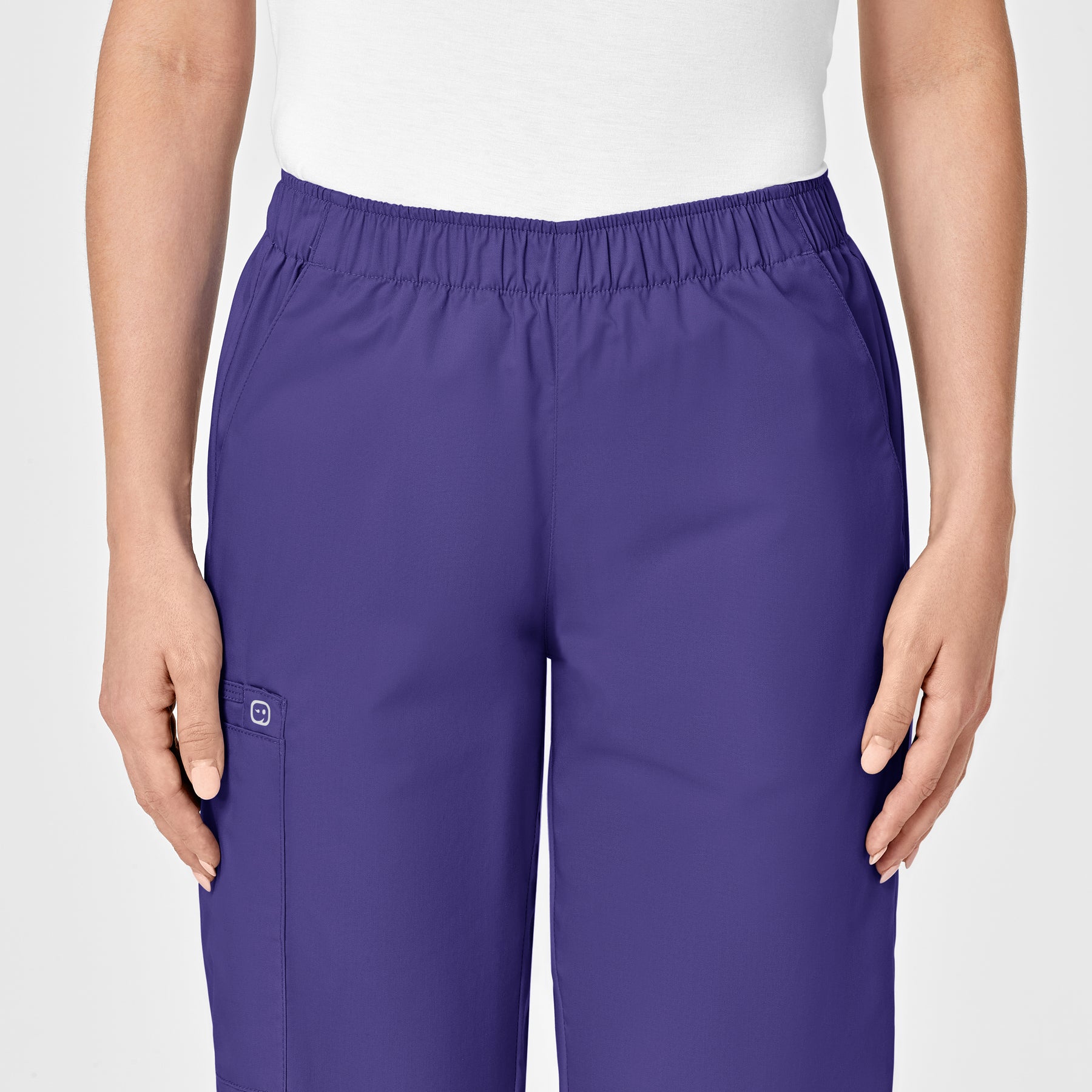 WonderWORK Women's Pull-On Cargo Scrub Pant Grape front detail