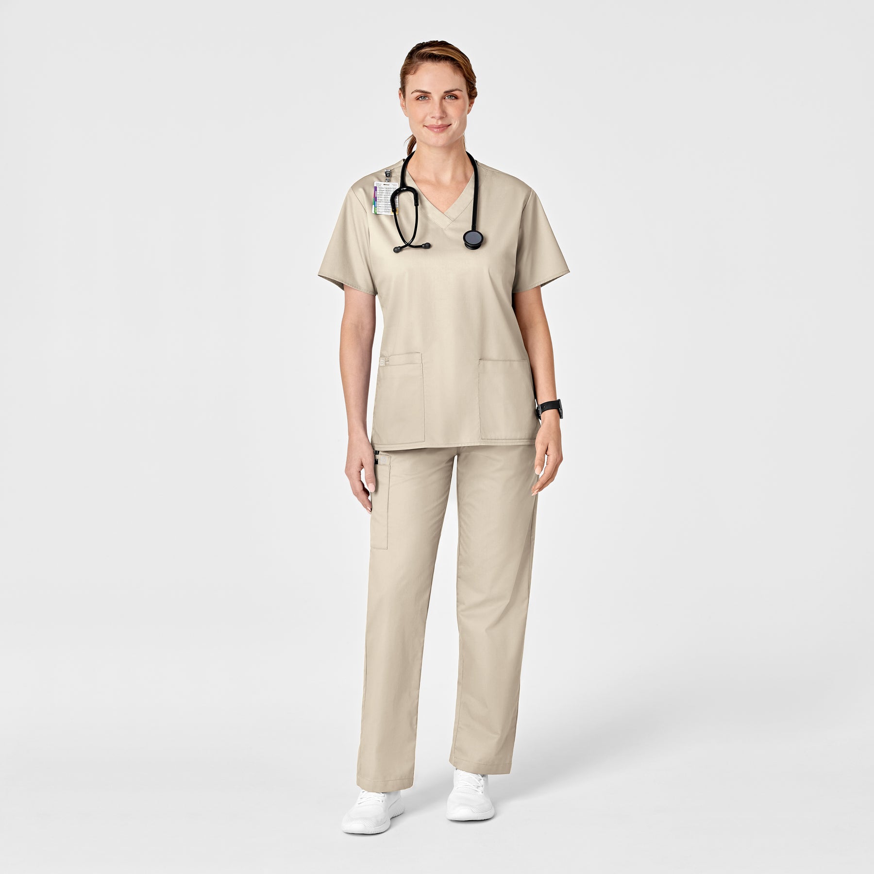 WonderWORK Women's Pull-On Cargo Scrub Pant Khaki full scrub set