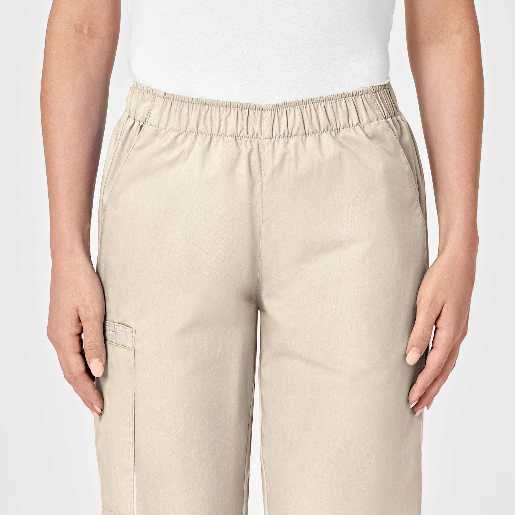 WonderWORK Women's Pull-On Cargo Scrub Pant Khaki front detail