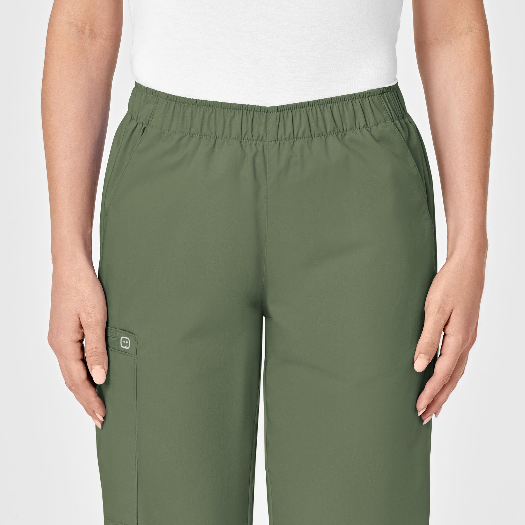 WonderWORK Women's Pull-On Cargo Scrub Pant Olive front detail