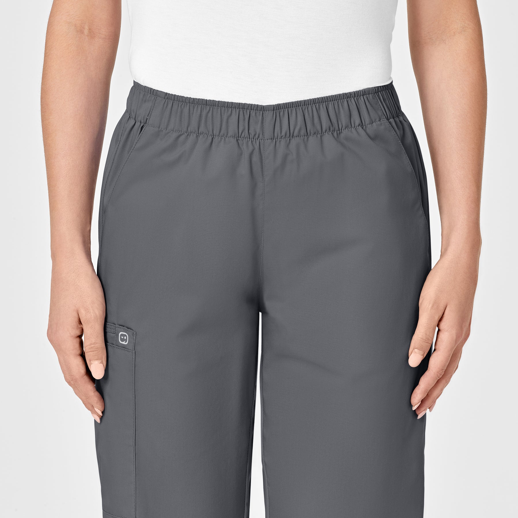 WonderWORK Women's Pull-On Cargo Scrub Pant Pewter front detail