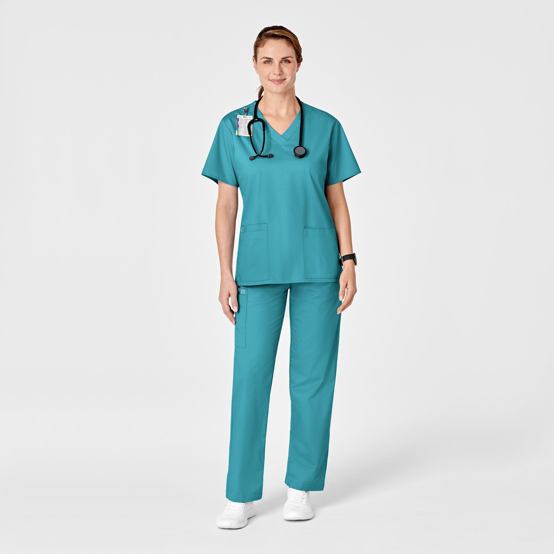 WonderWORK Women's Pull-On Cargo Scrub Pant Teal Blue full scrub set