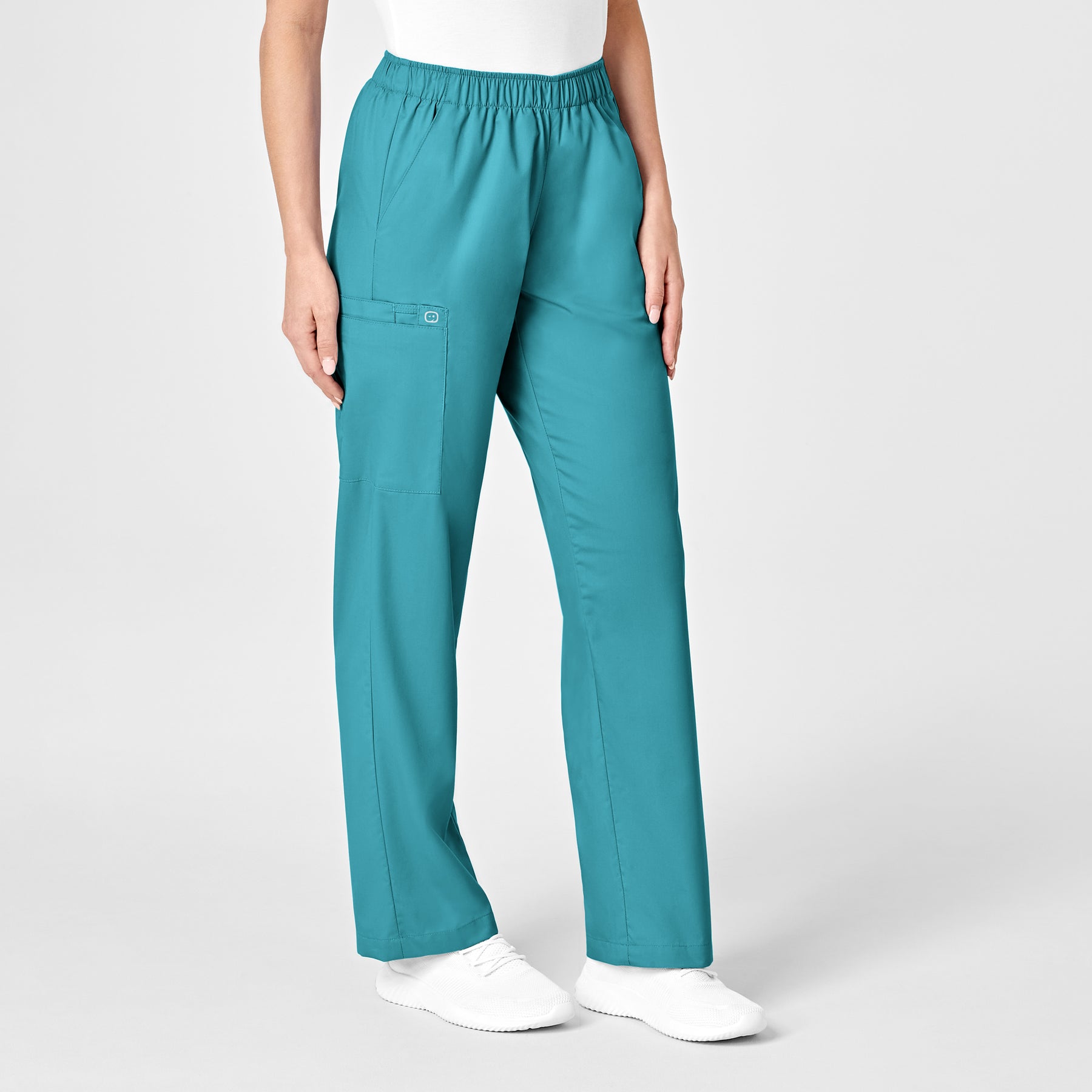 WonderWORK Women's Pull-On Cargo Scrub Pant Teal Blue side view