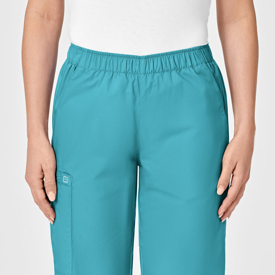 WonderWORK Women's Pull-On Cargo Scrub Pant Teal Blue front detail