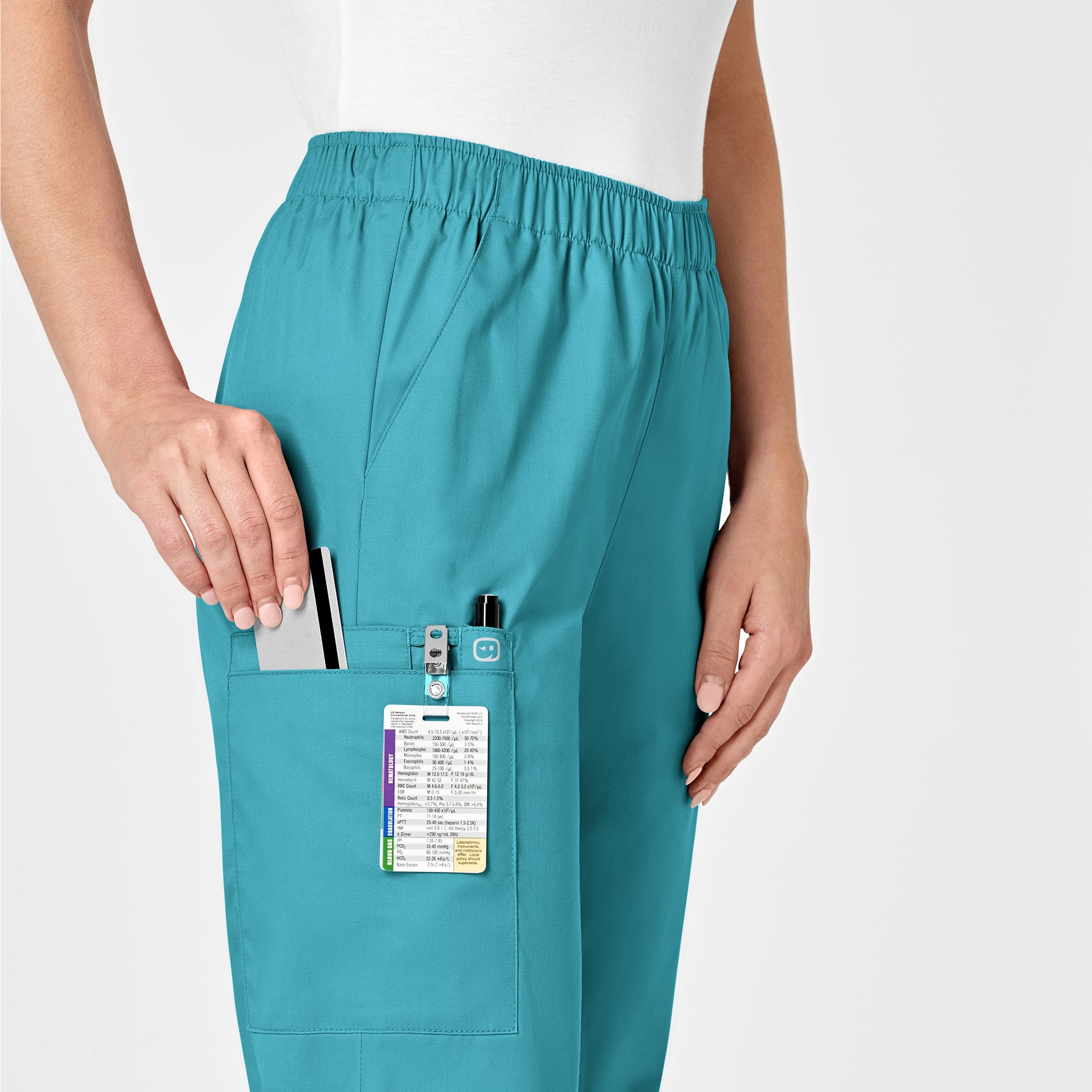 WonderWORK Women's Pull-On Cargo Scrub Pant Teal Blue side detail 2