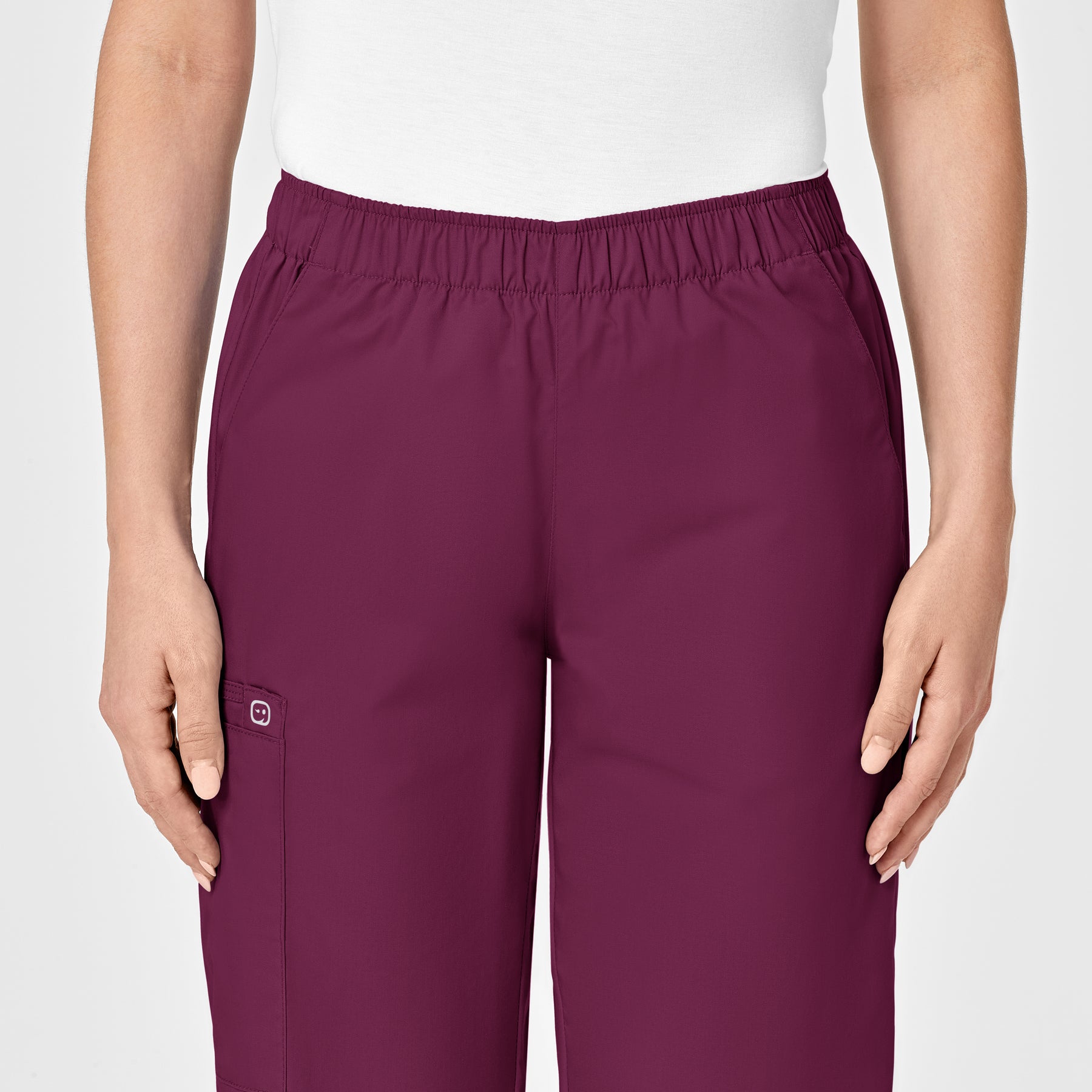 WonderWORK Women's Pull-On Cargo Scrub Pant Wine front detail