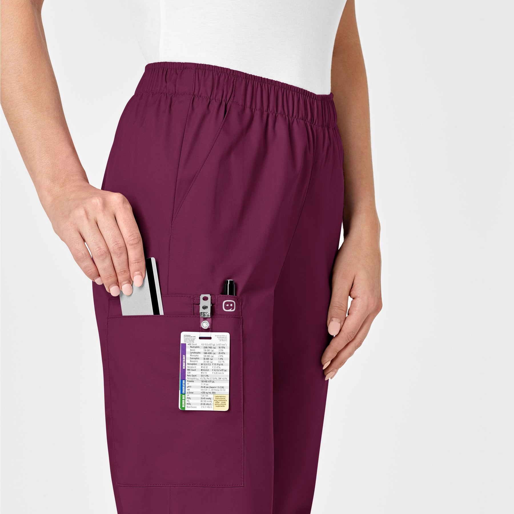 WonderWORK Women's Pull-On Cargo Scrub Pant Wine side detail 2