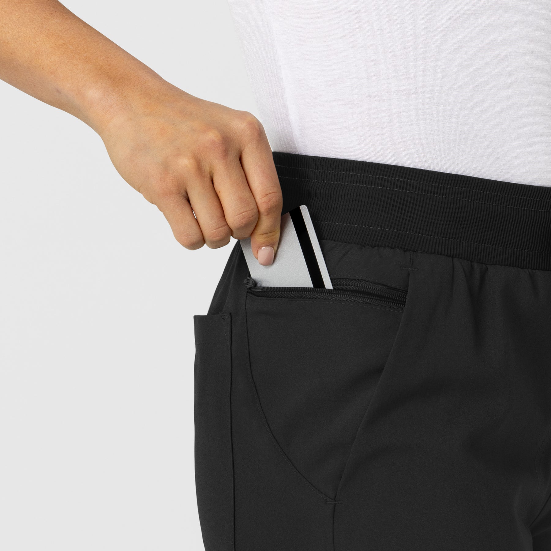 W123 Women's Flex-n-Reach Track Scrub Pant Black front detail
