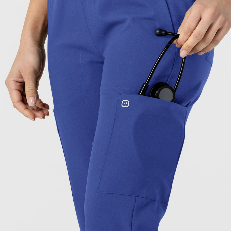 W123 Women's Flex-n-Reach Track Scrub Pant Galaxy Blue hemline detail