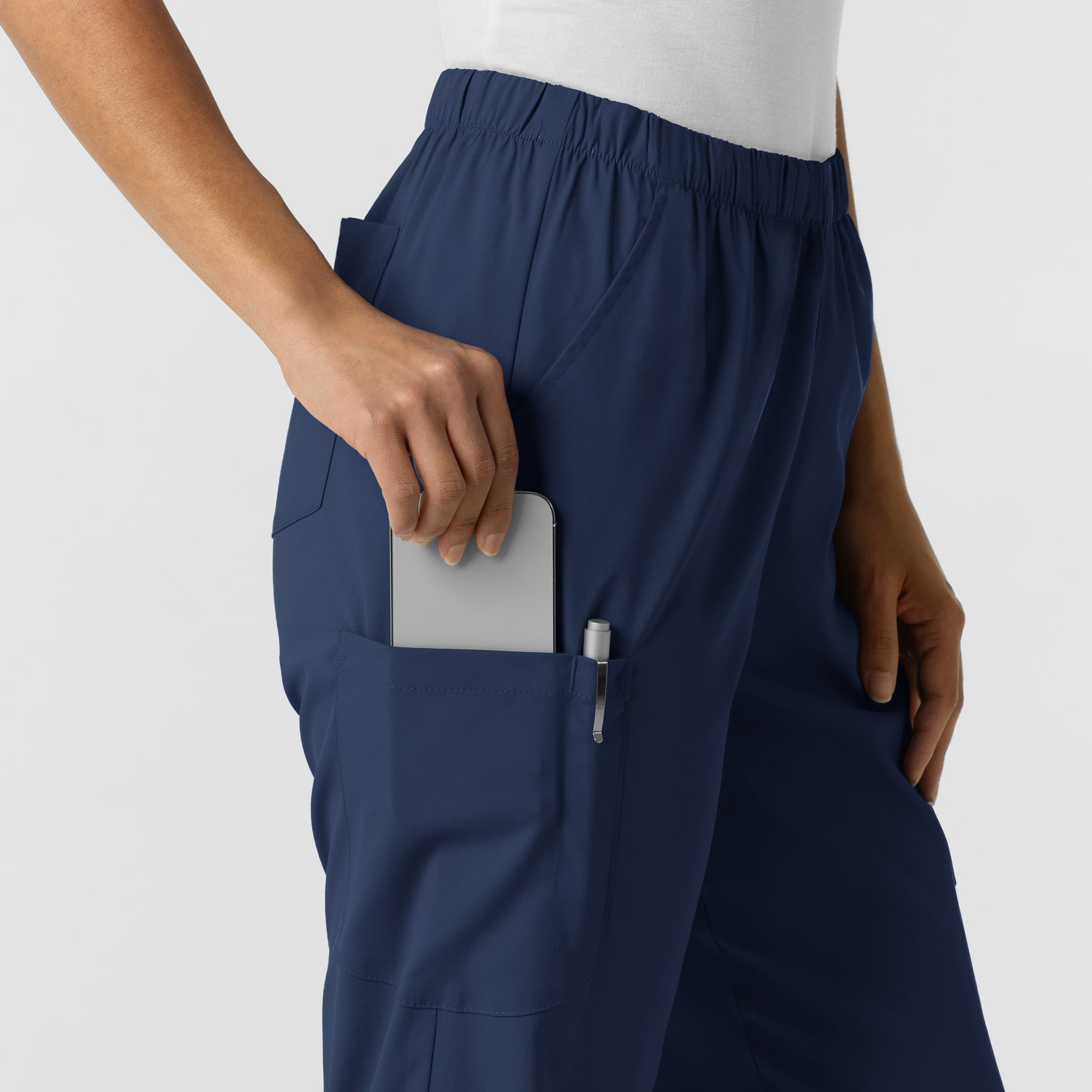 Boundless Unisex Straight Leg Scrub Pant - Navy cargo pocket with pen slot