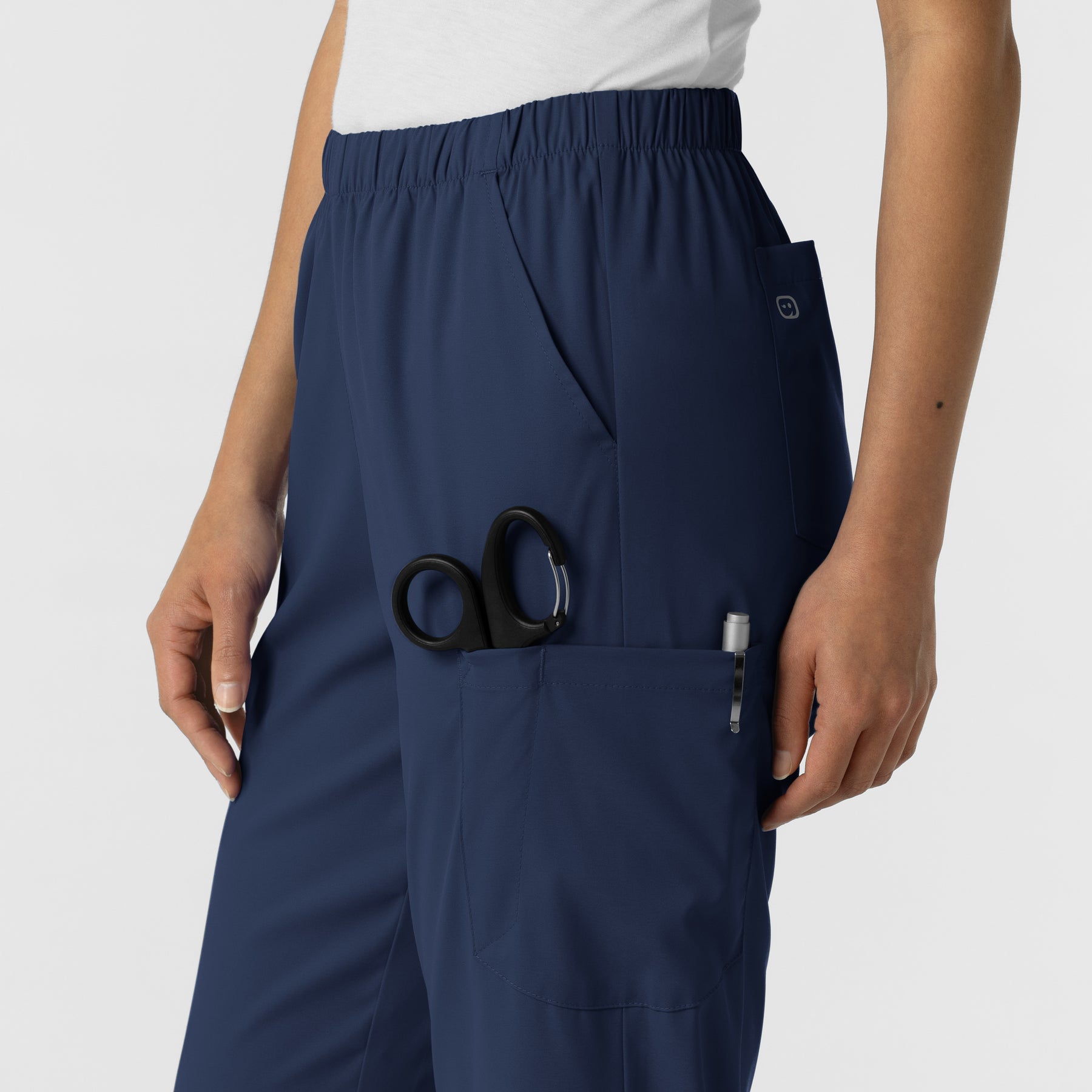 Boundless Unisex Straight Leg Scrub Pant - Navy cargo pocket with scissor pocket