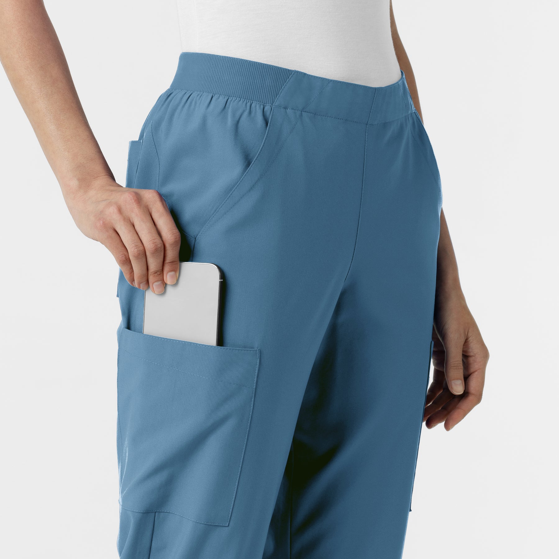 W123 Women's Cargo Utility Scrub Pant Pacific Blue hemline detail