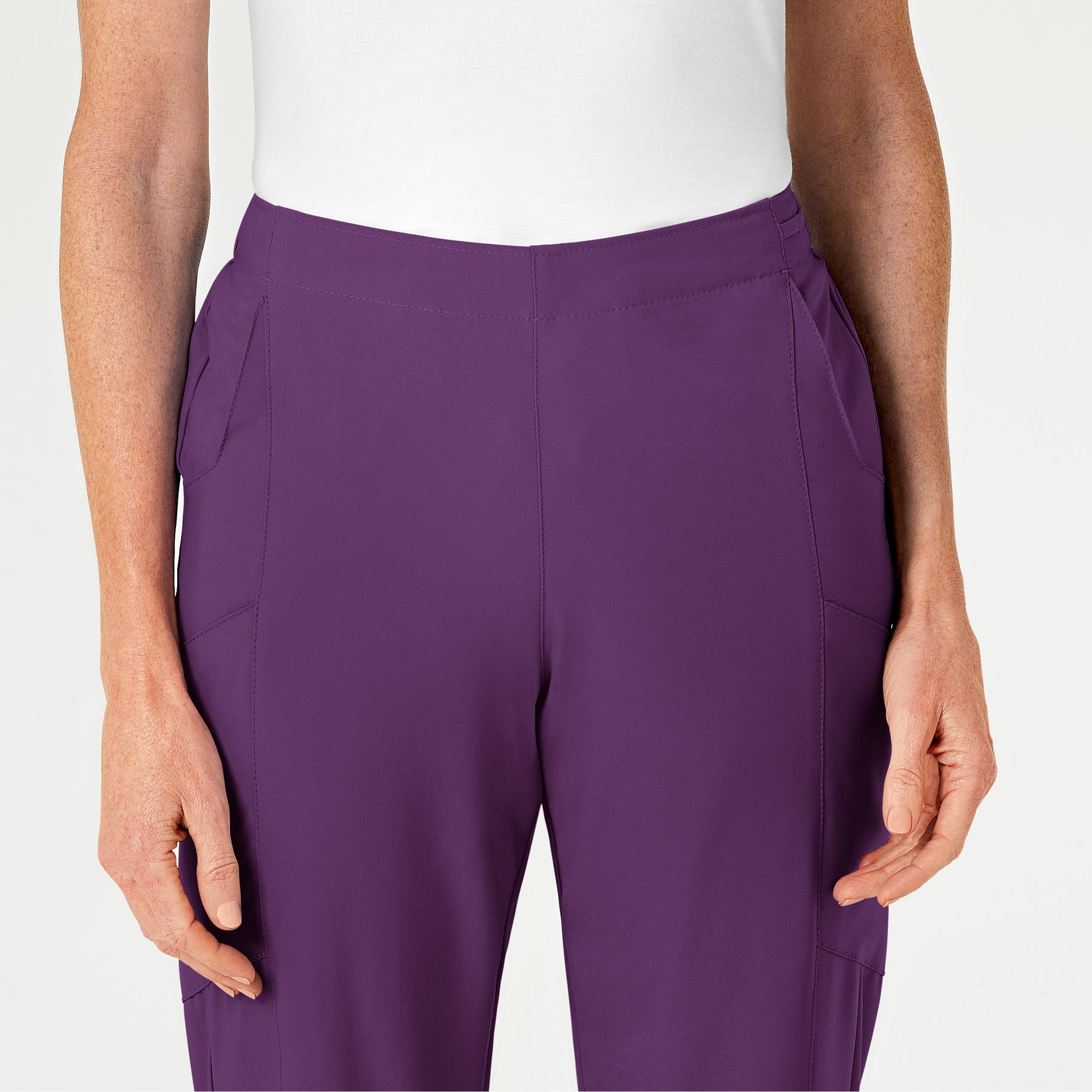 W123 Women's Flat Front Cargo Scrub Pant Eggplant front detail