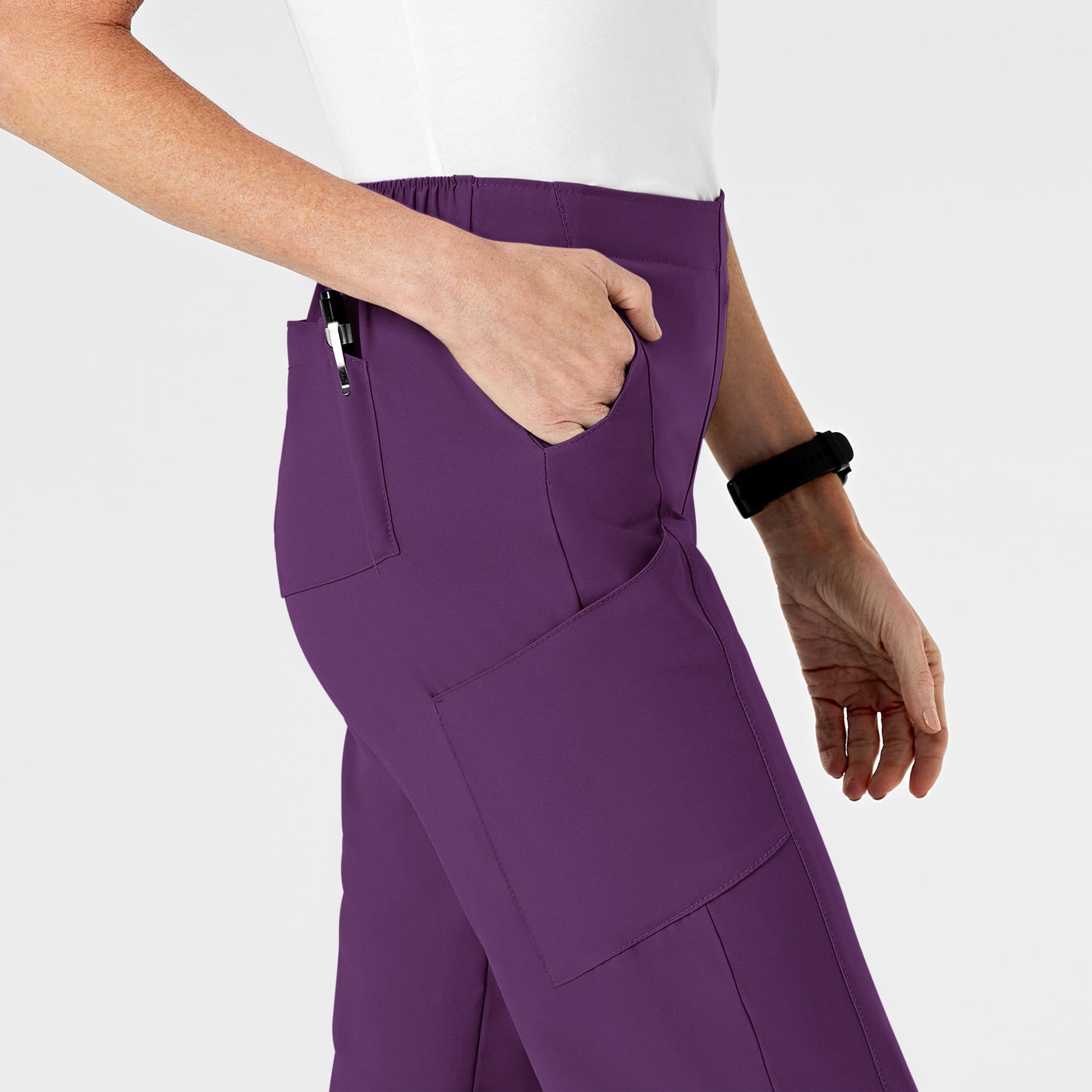 W123 Women's Flat Front Cargo Scrub Pant Eggplant side detail 2