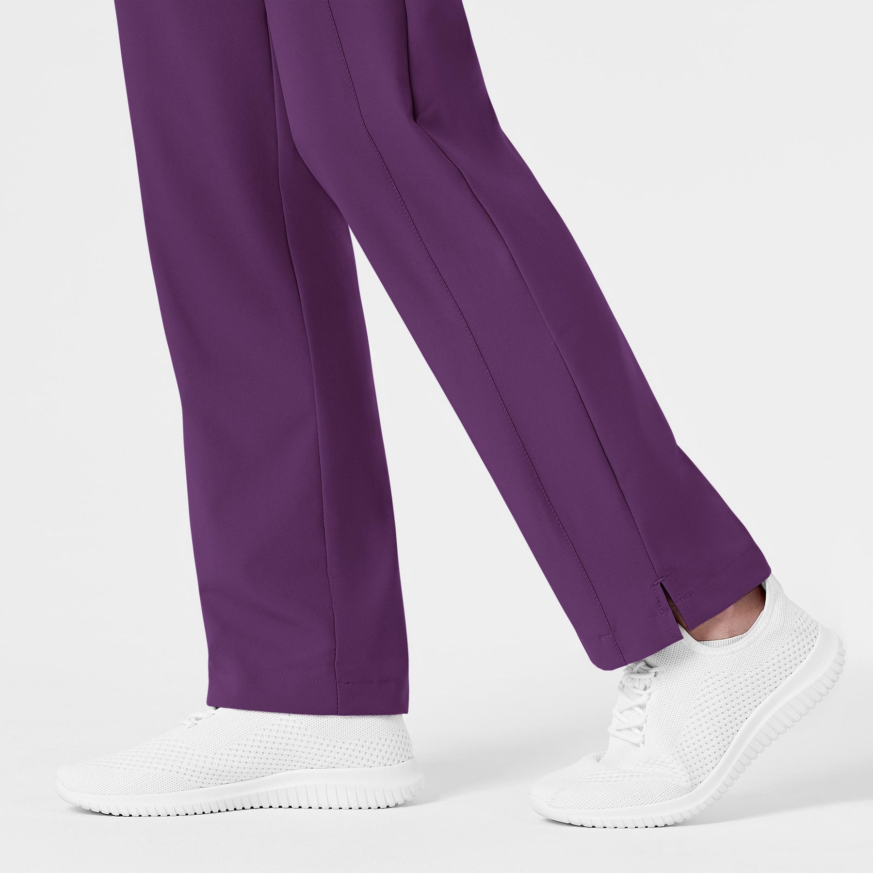 W123 Women's Flat Front Cargo Scrub Pant Eggplant hemline detail