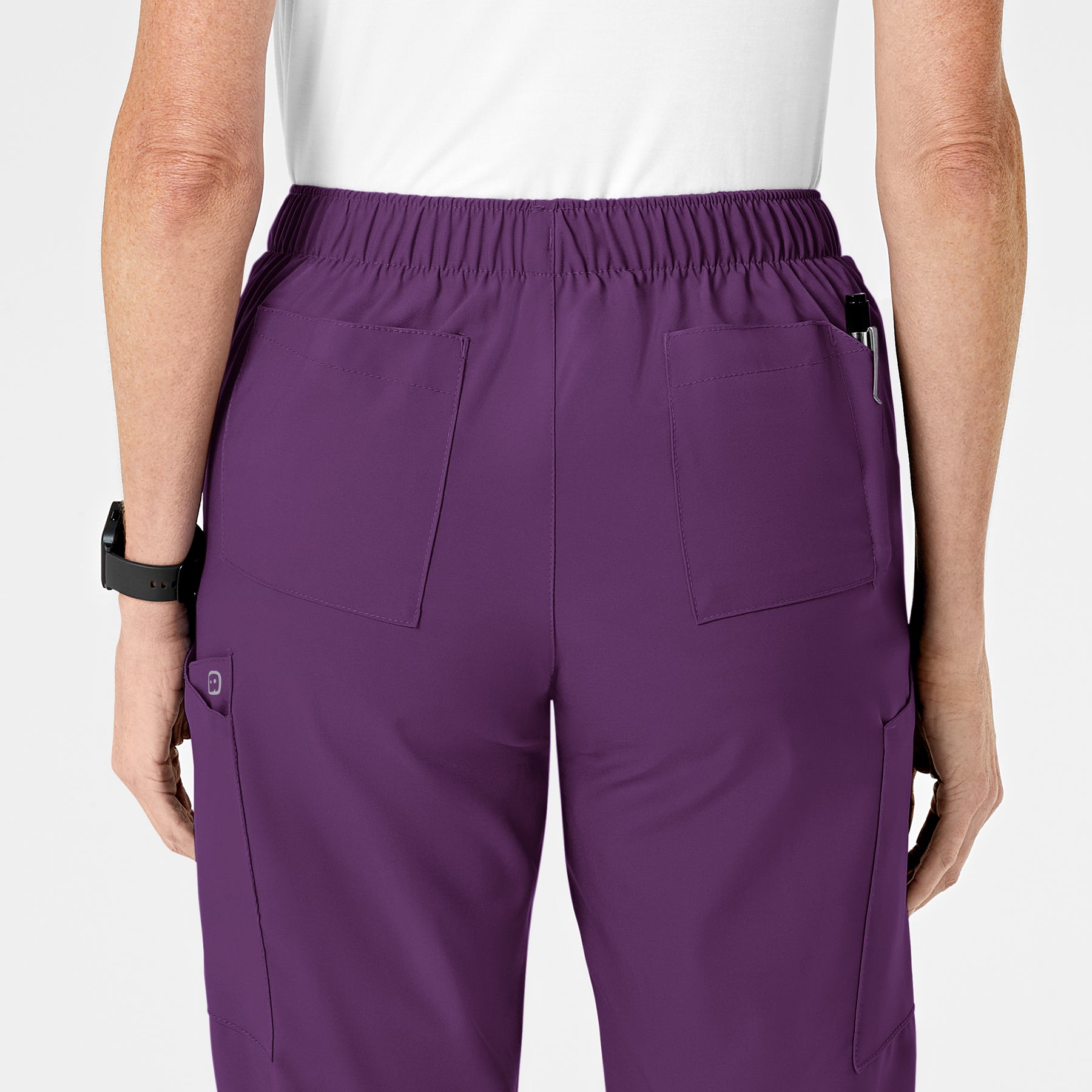W123 Women's Flat Front Cargo Scrub Pant Eggplant back detail