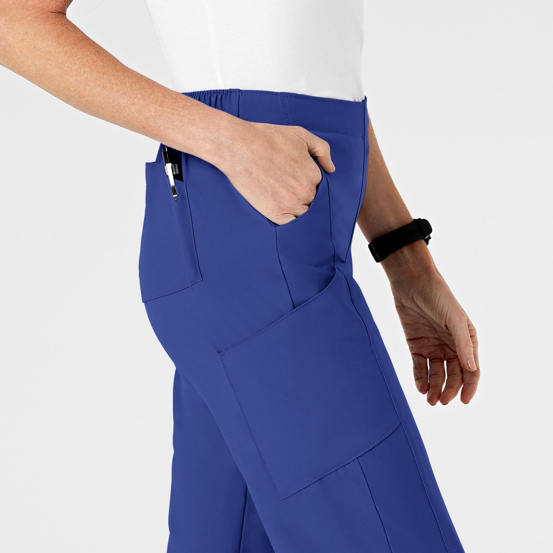 W123 Women's Flat Front Cargo Scrub Pant Galaxy Blue side detail 2